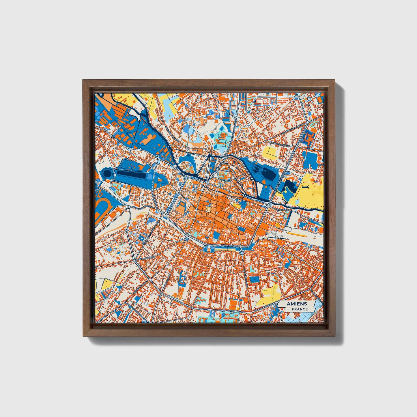 Amiens France Colorful City Map Canvas Print • Dark Wooden Framed