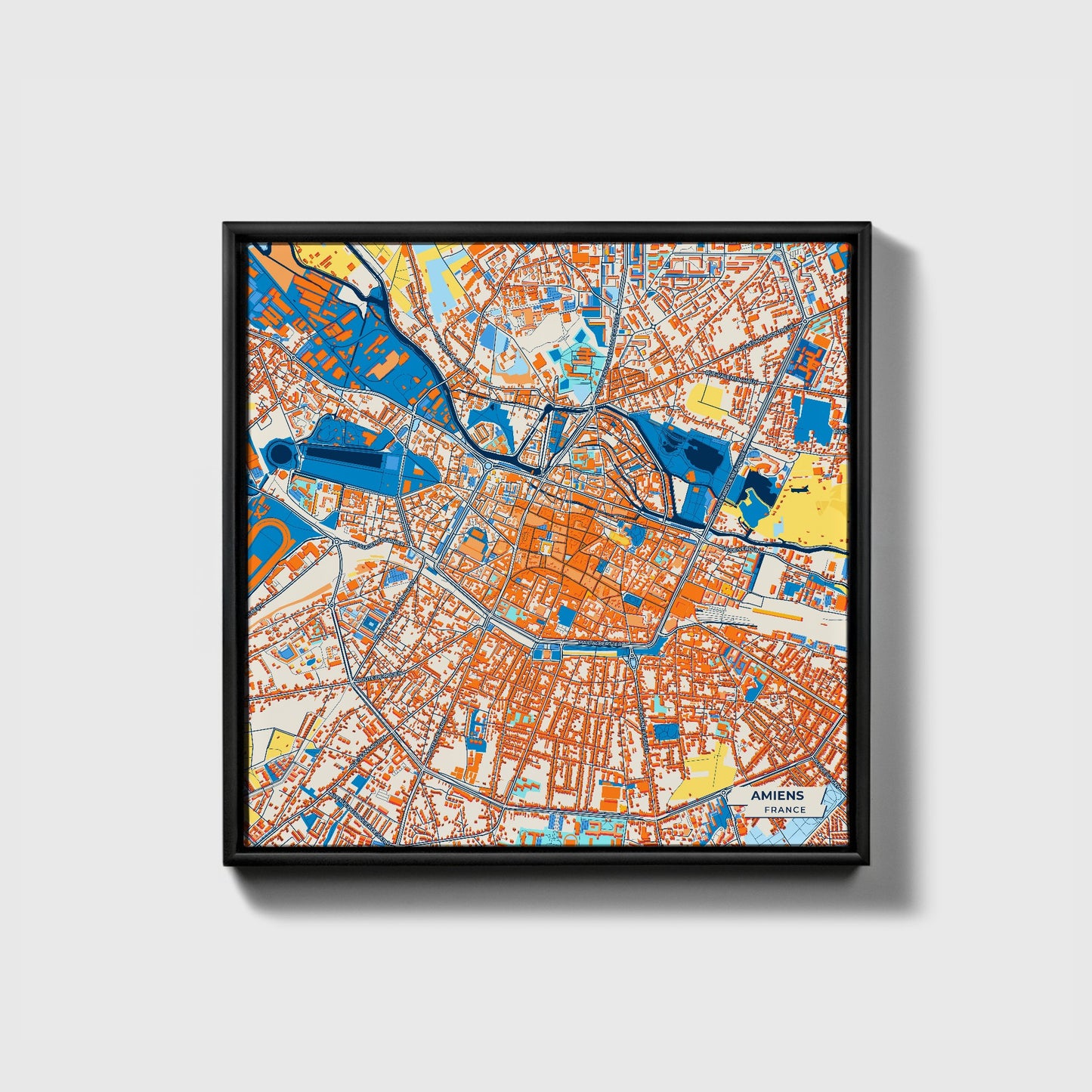Amiens France Colorful City Map Canvas Print • Black Framed