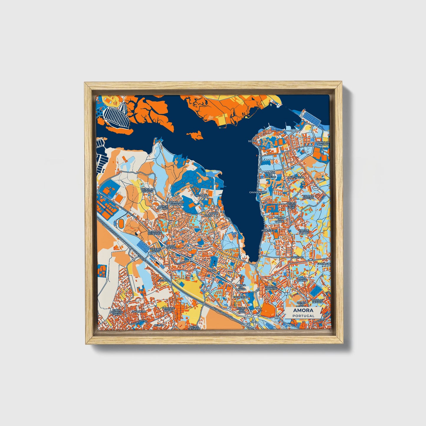 Amora Portugal Colorful City Map Canvas Print • Natural Wooden Framed