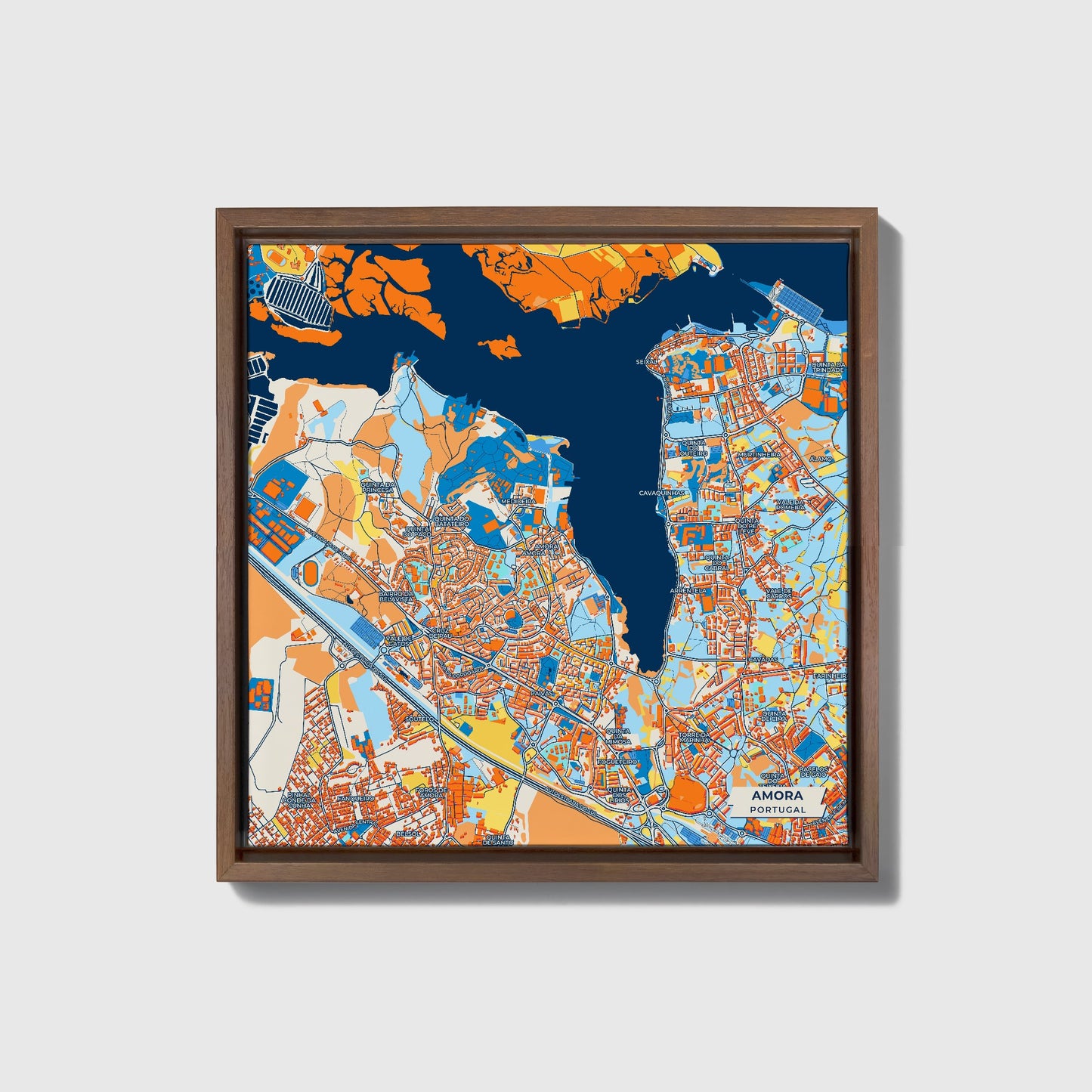 Amora Portugal Colorful City Map Canvas Print • Dark Wooden Framed