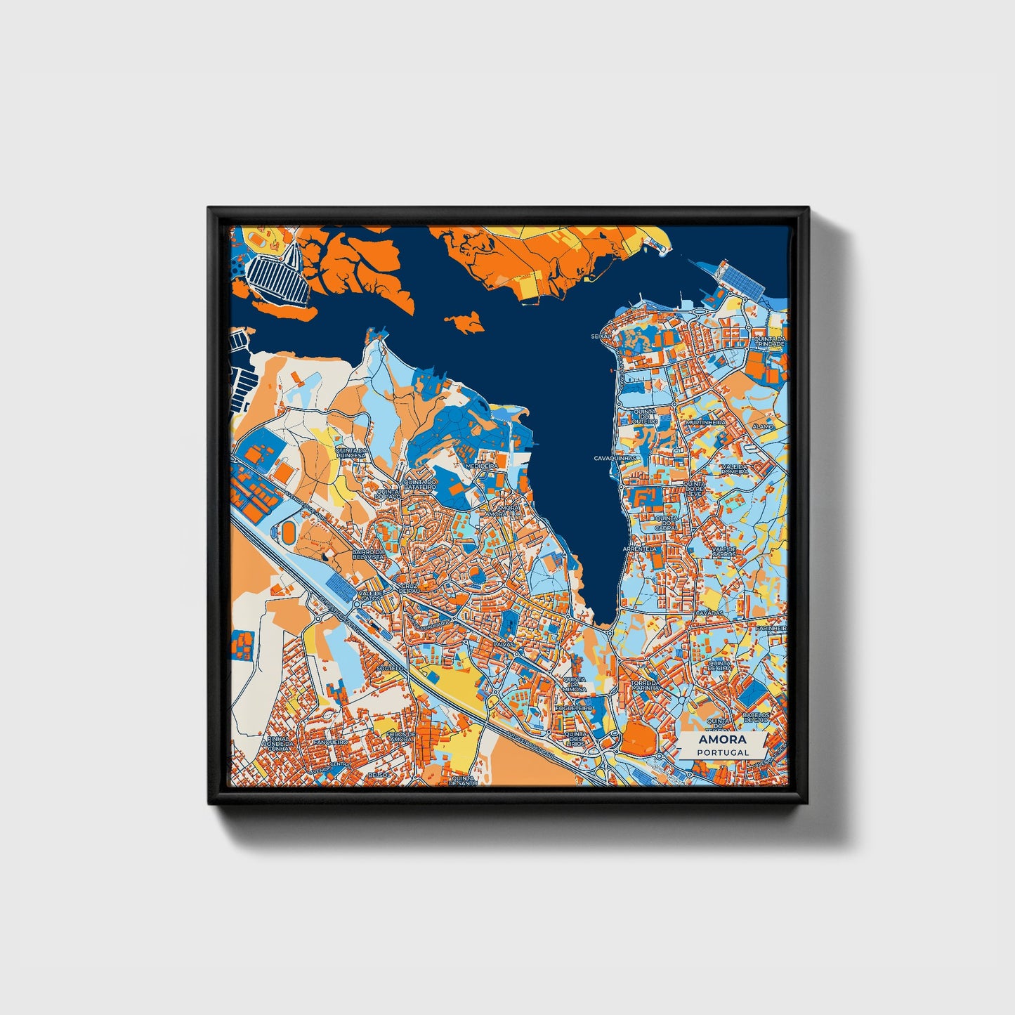 Amora Portugal Colorful City Map Canvas Print • Black Framed