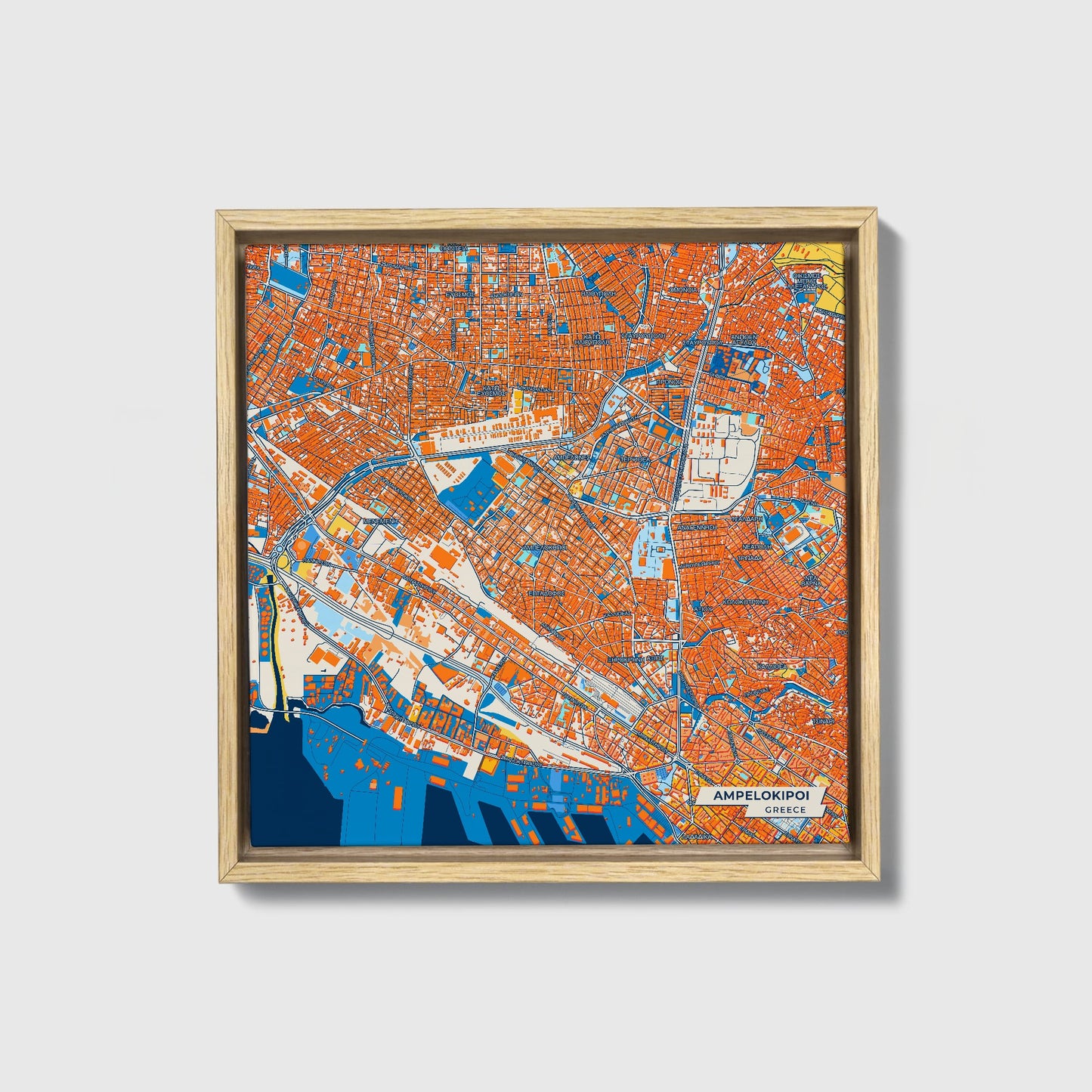 Αμπελοκηποι Greece Colorful City Map Canvas Print • Natural Wooden Framed