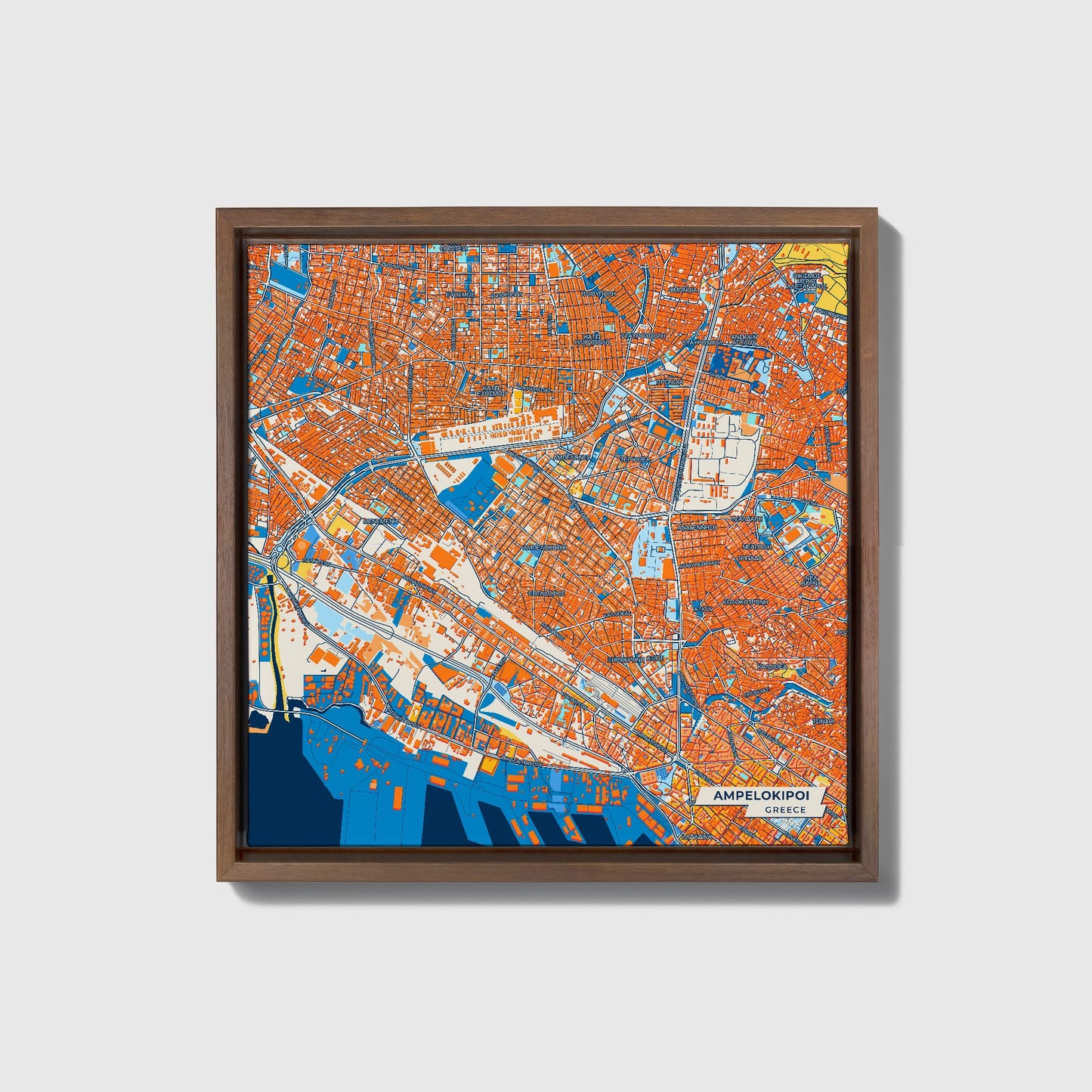 Αμπελοκηποι Greece Colorful City Map Canvas Print • Dark Wooden Framed
