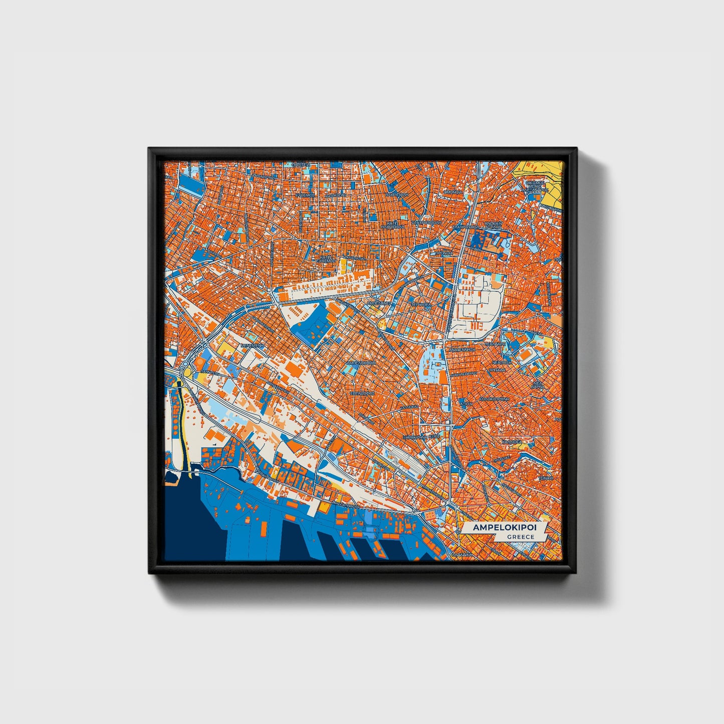 Αμπελοκηποι Greece Colorful City Map Canvas Print • Black Framed