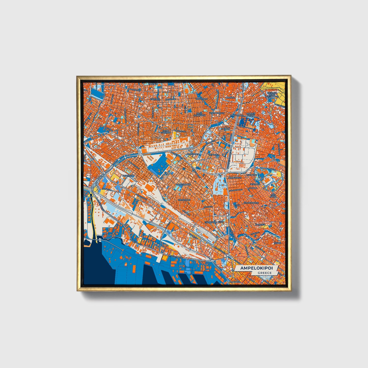 Αμπελοκηποι Greece Colorful City Map Canvas Print • Gold Framed