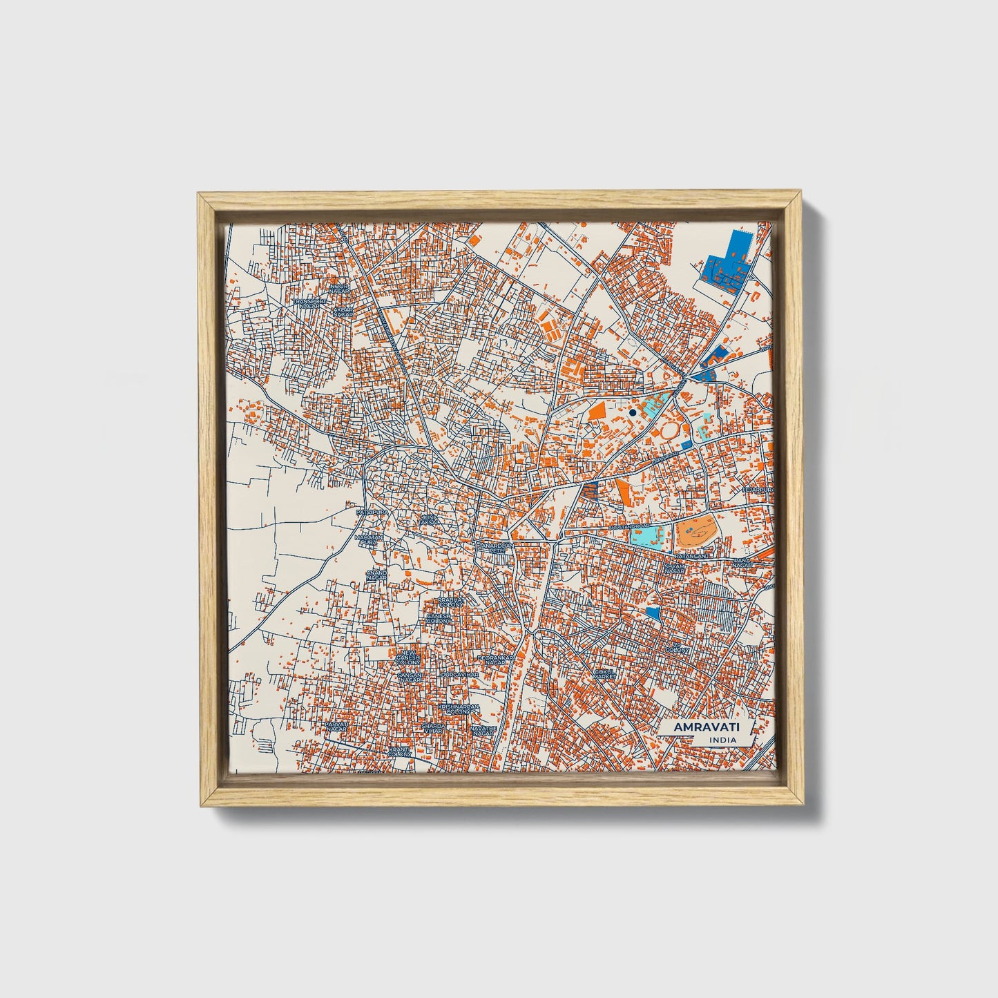 Amravati India Colorful City Map Canvas Print • Natural Wooden Framed