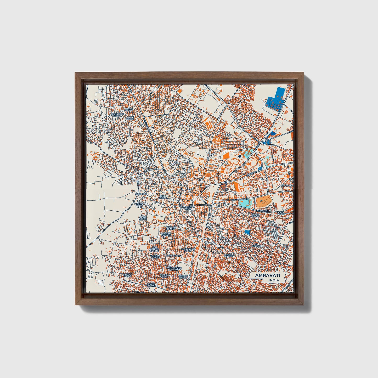 Amravati India Colorful City Map Canvas Print • Dark Wooden Framed
