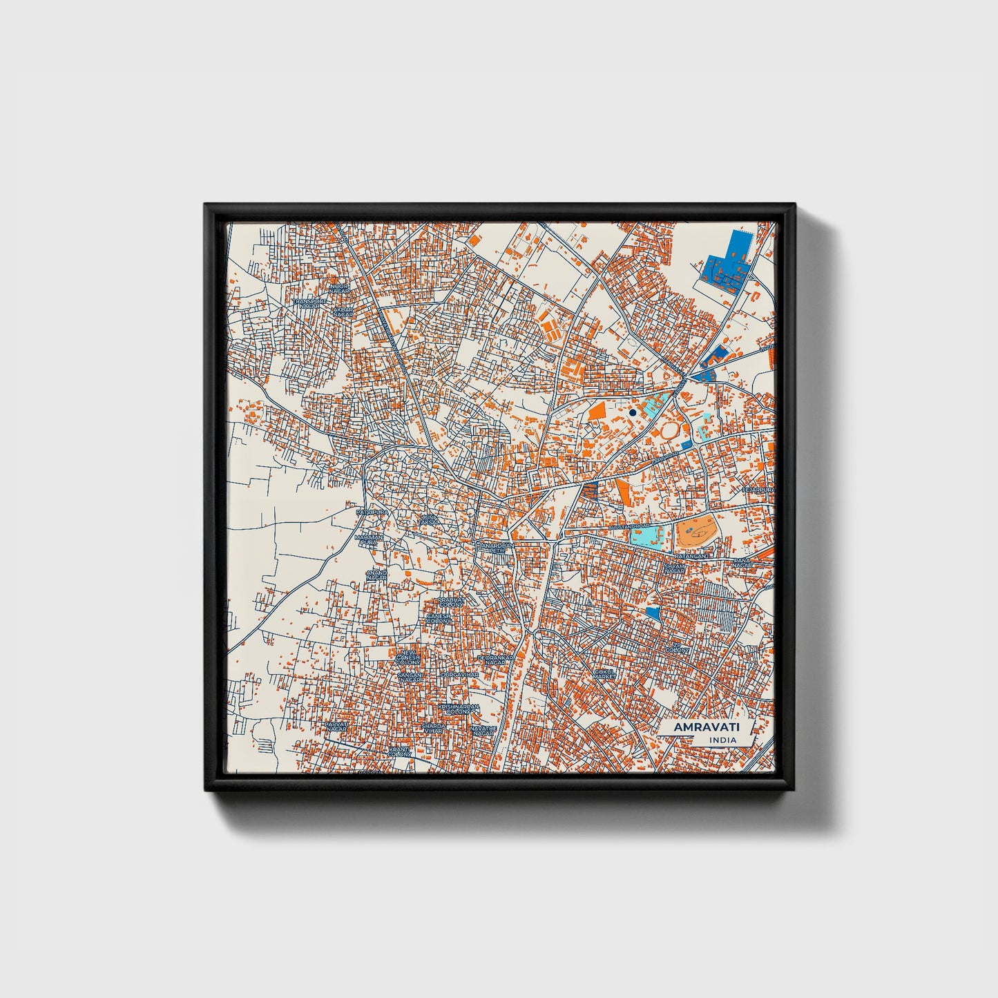 Amravati India Colorful City Map Canvas Print • Black Framed