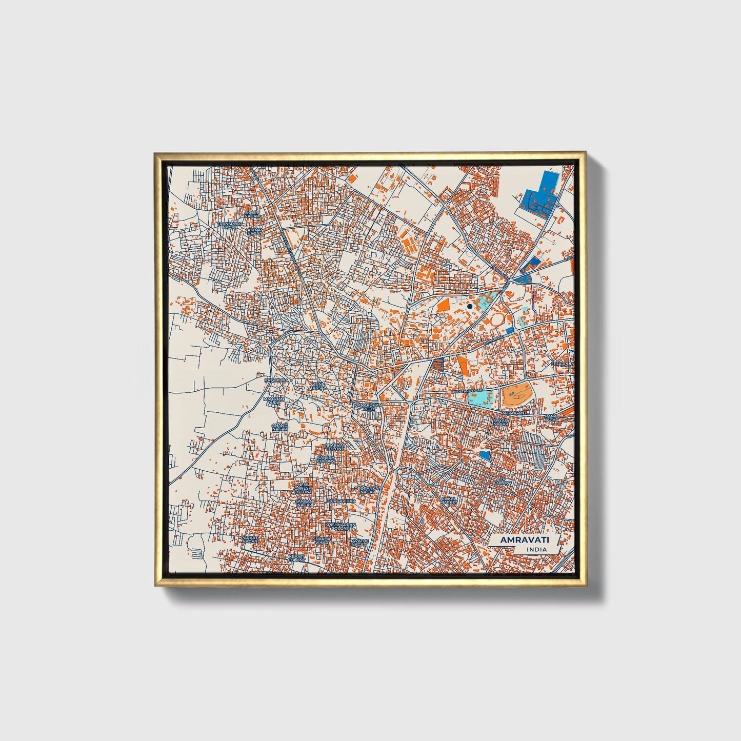 Amravati India Colorful City Map Canvas Print • Gold Framed