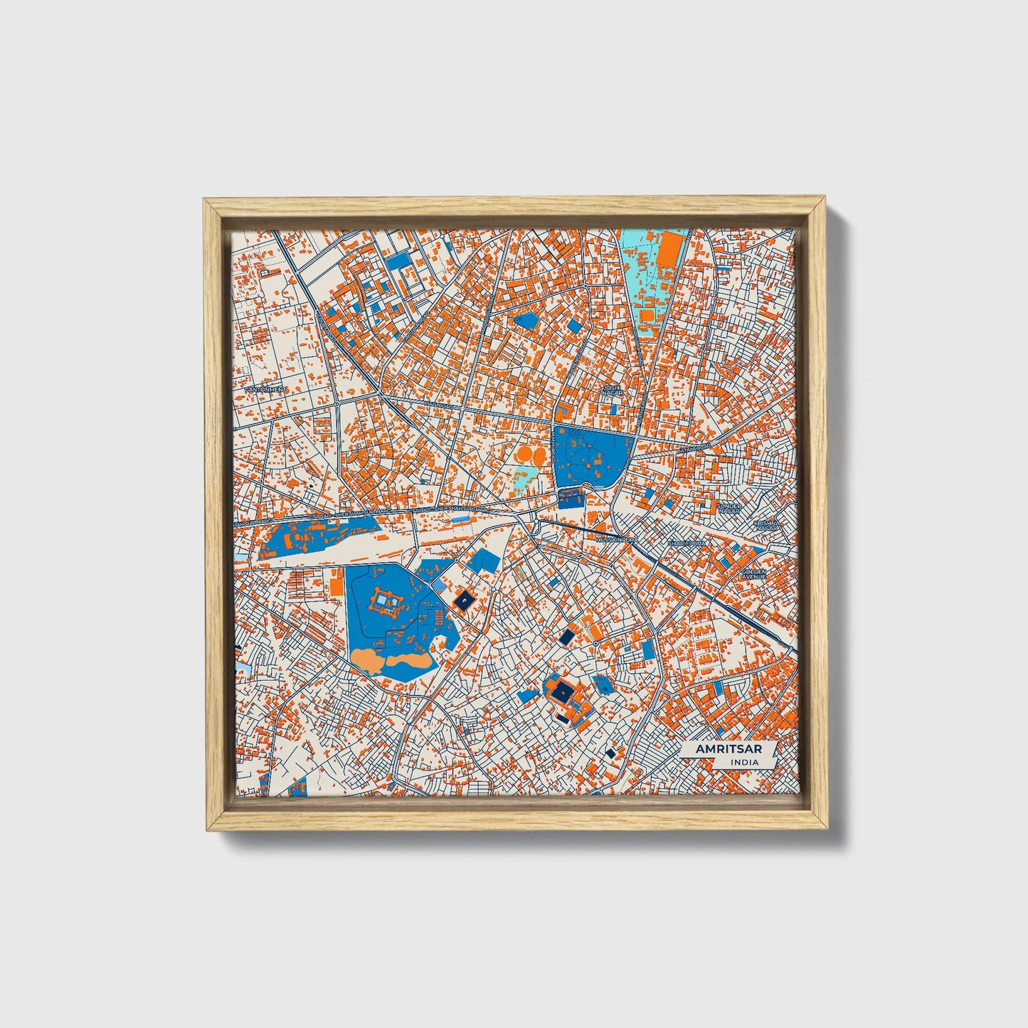 Amritsar India Colorful City Map Canvas Print • Natural Wooden Framed