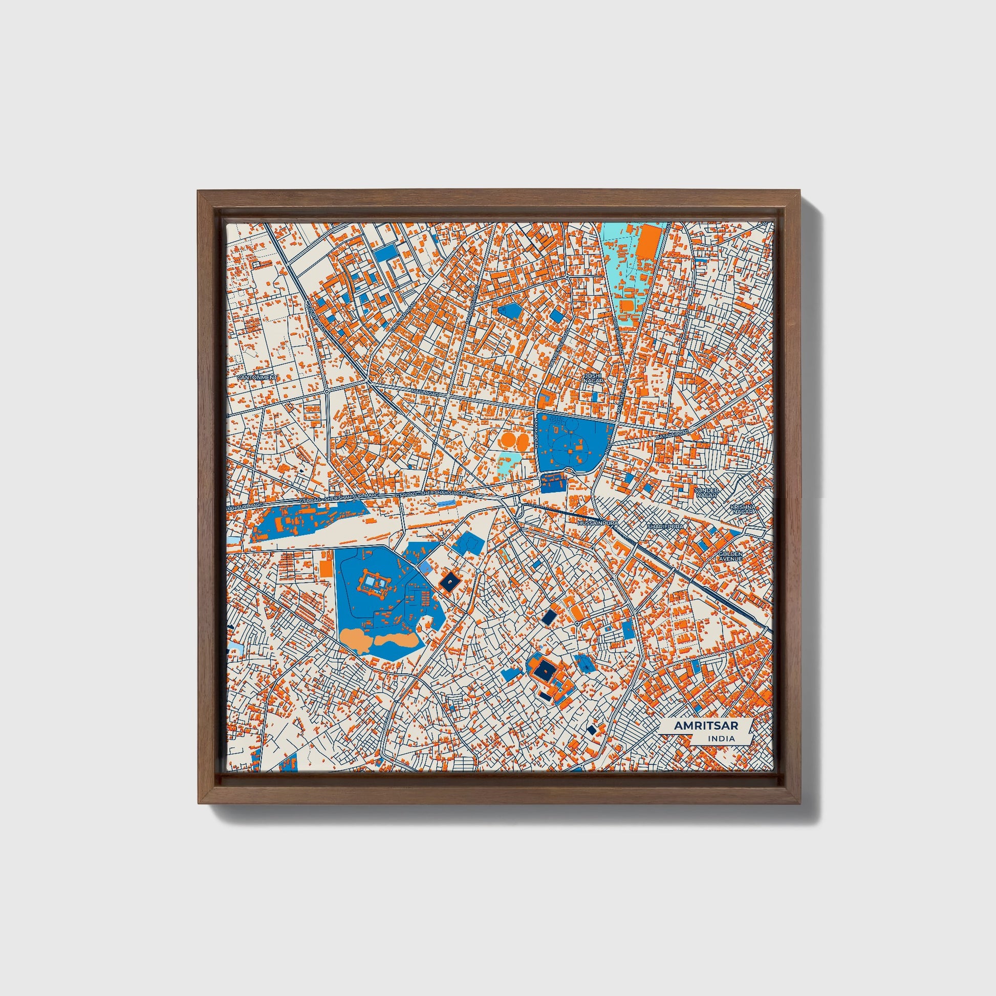 Amritsar India Colorful City Map Canvas Print • Dark Wooden Framed
