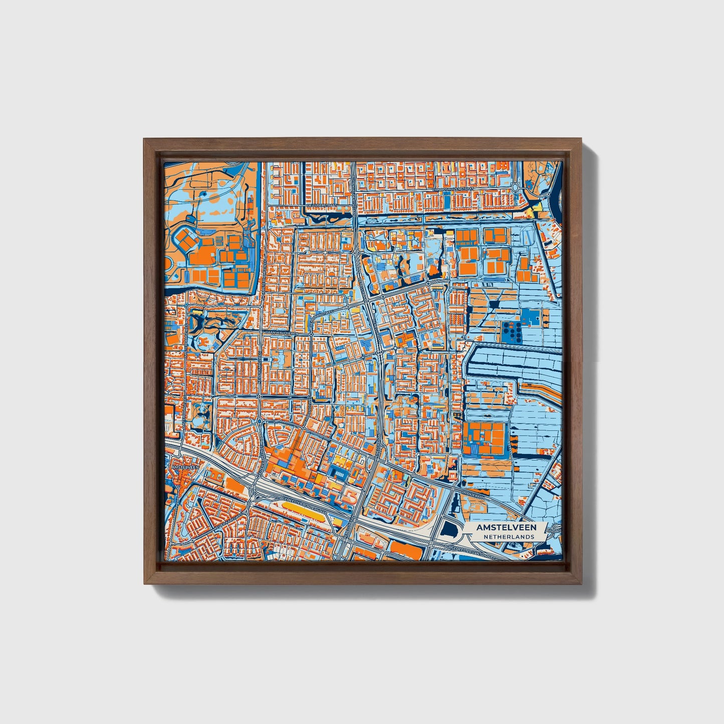 Amstelveen Netherlands Colorful City Map Canvas Print • Dark Wooden Framed