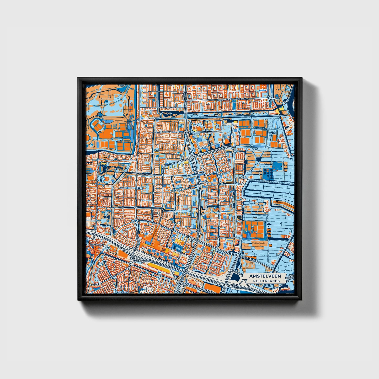 Amstelveen Netherlands Colorful City Map Canvas Print • Black Framed