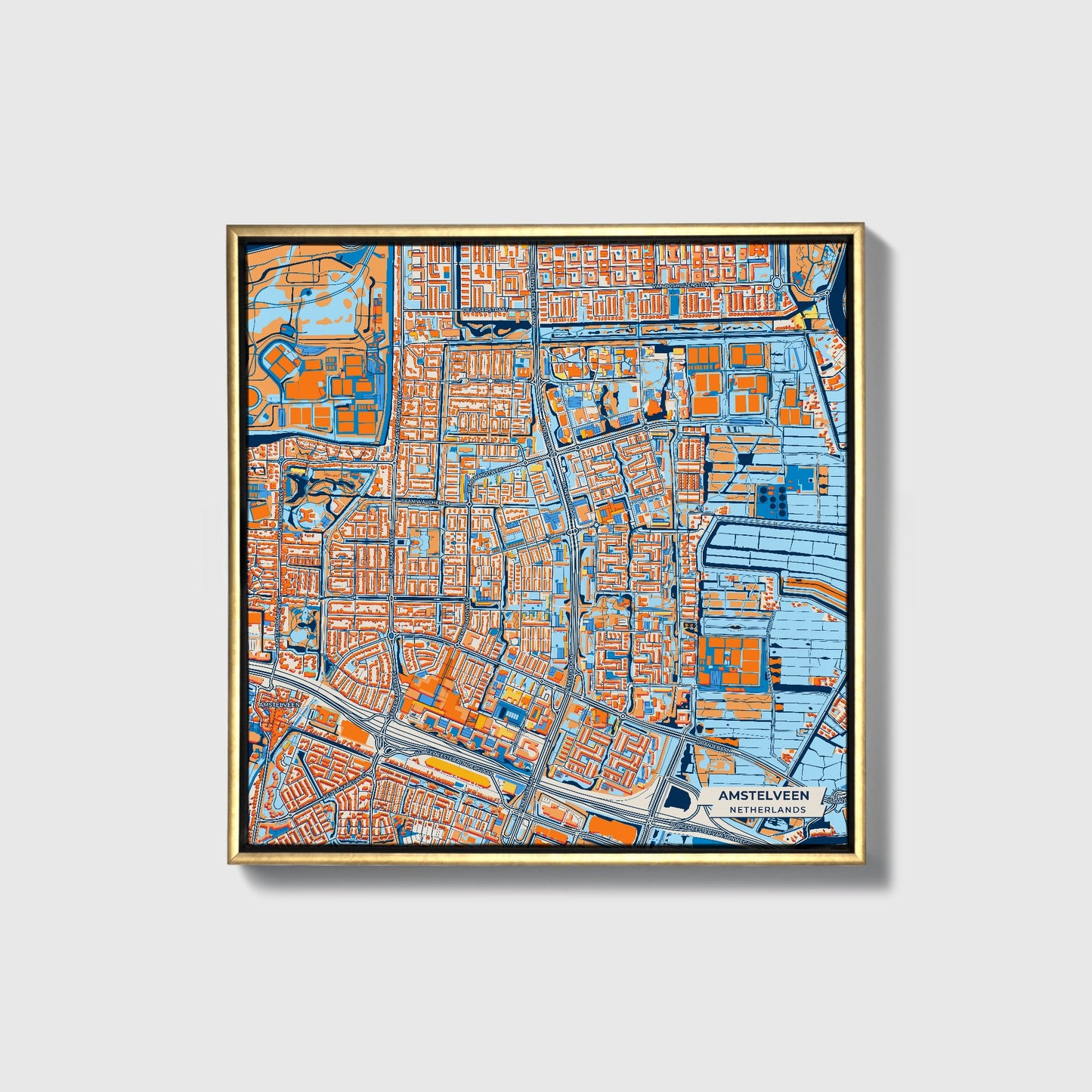 Amstelveen Netherlands Colorful City Map Canvas Print • Gold Framed