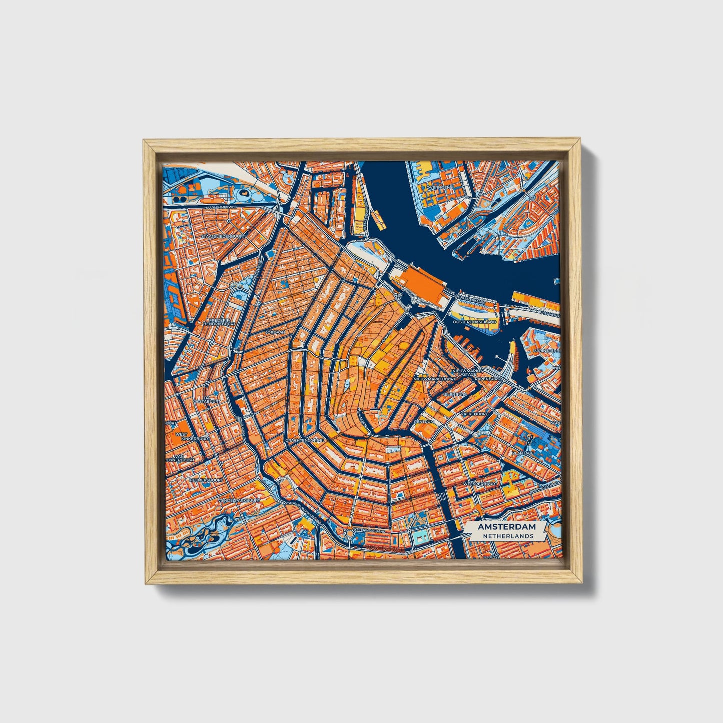 Amsterdam Netherlands Colorful City Map Canvas Print • Natural Wooden Framed