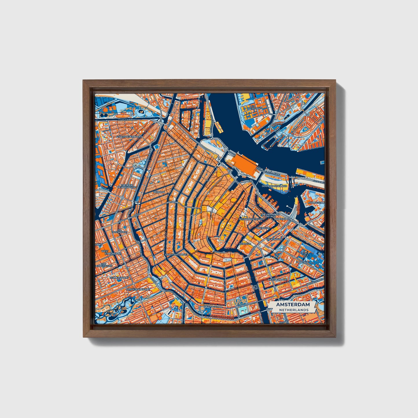 Amsterdam Netherlands Colorful City Map Canvas Print • Dark Wooden Framed