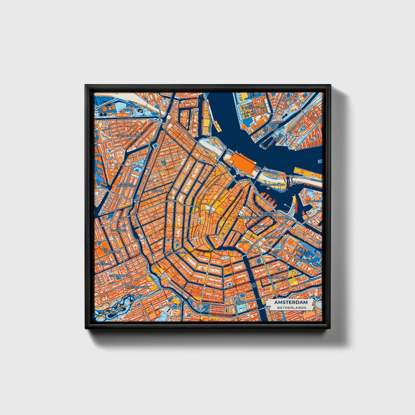 Amsterdam Netherlands Colorful City Map Canvas Print • Black Framed