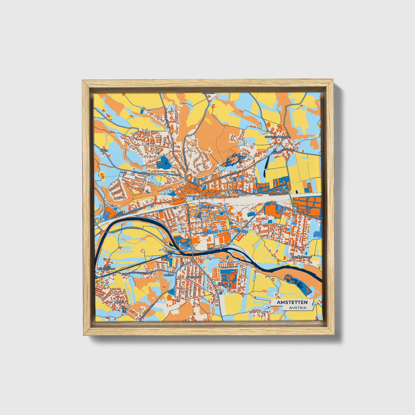 Amstetten Austria Colorful City Map Canvas Print • Natural Wooden Framed
