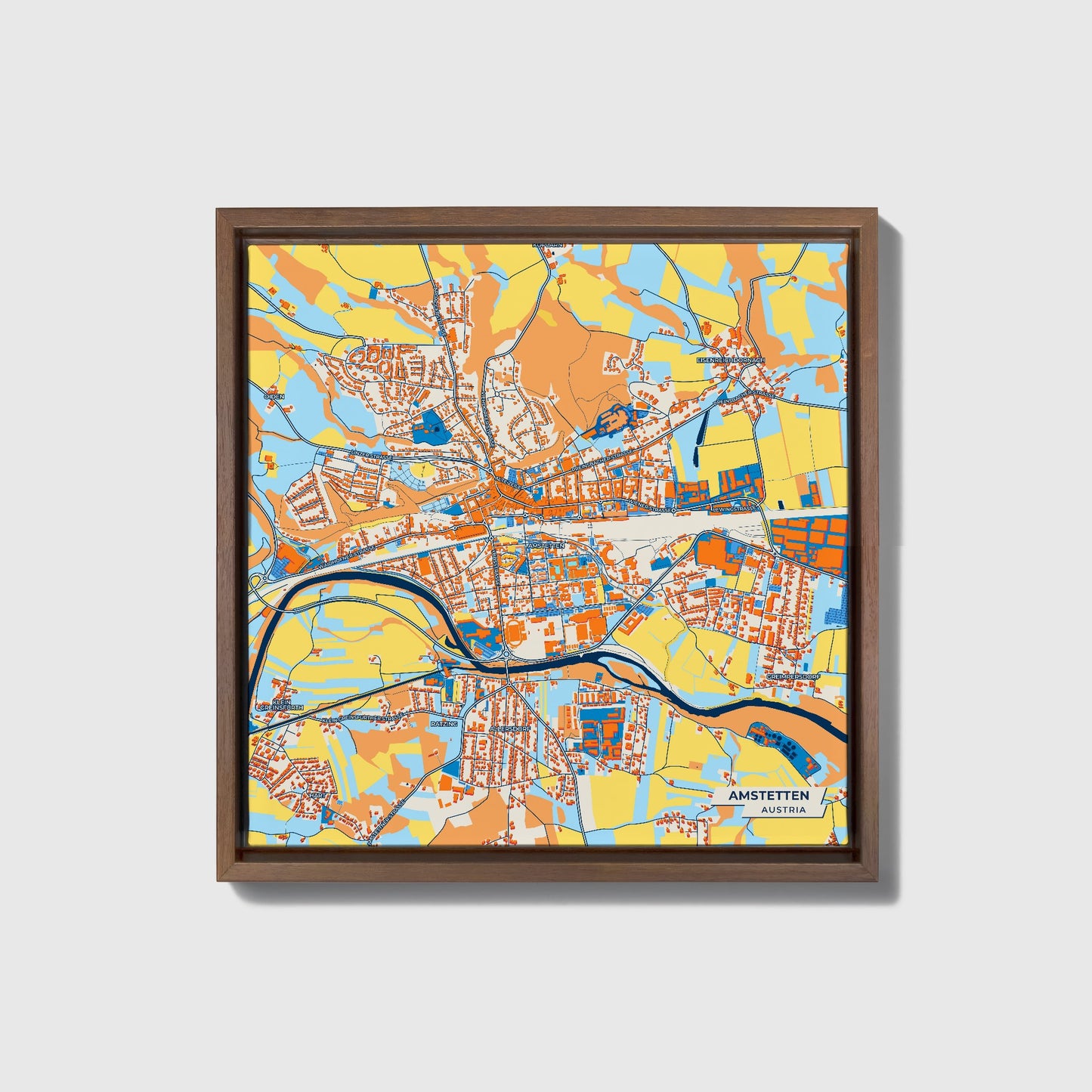 Amstetten Austria Colorful City Map Canvas Print • Dark Wooden Framed