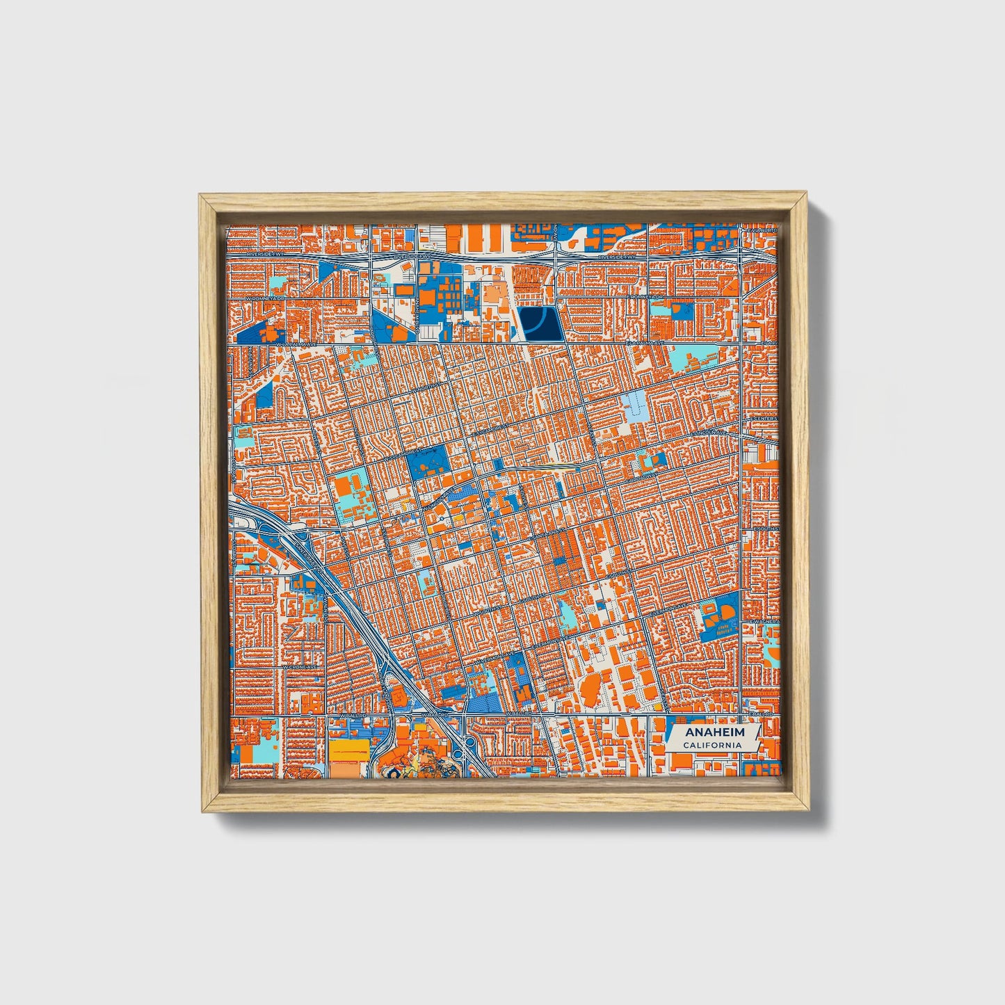 Anaheim California Colorful City Map Canvas Print • Natural Wooden Framed