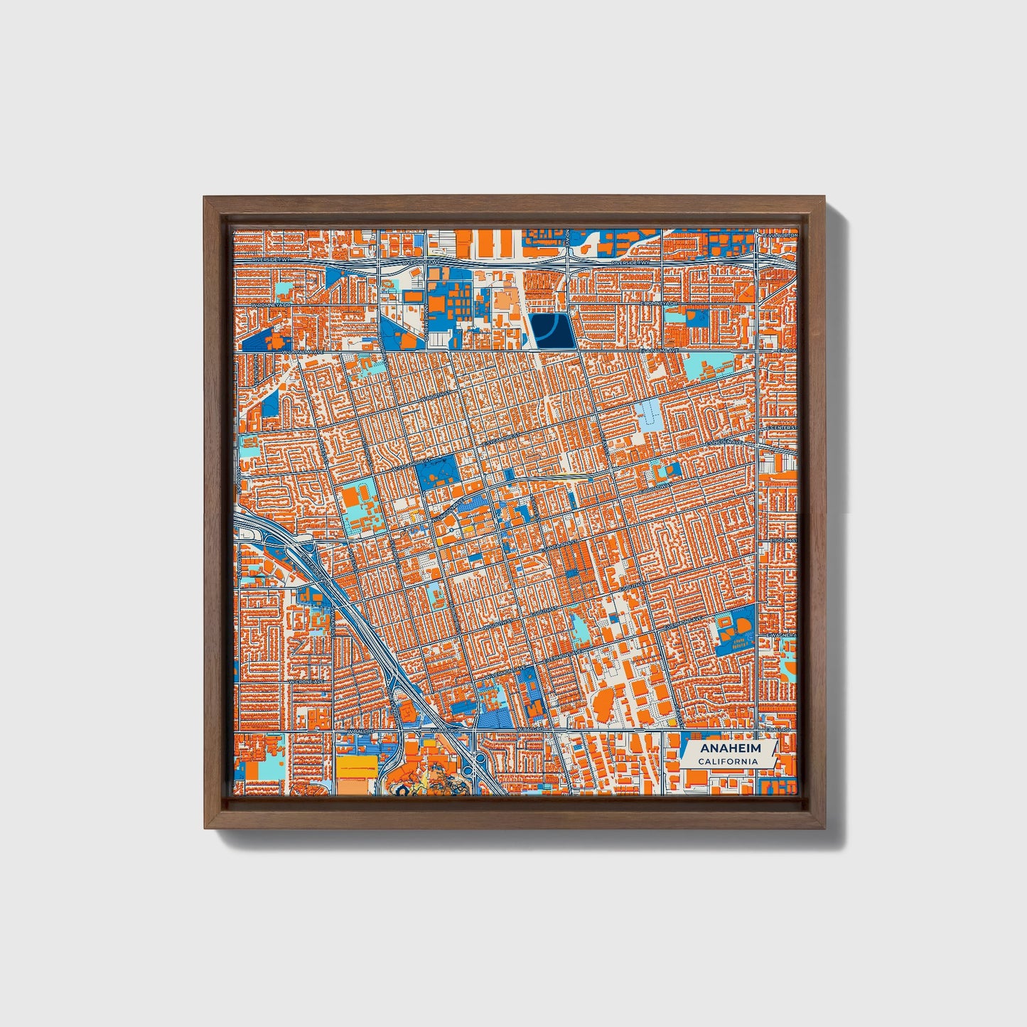 Anaheim California Colorful City Map Canvas Print • Dark Wooden Framed