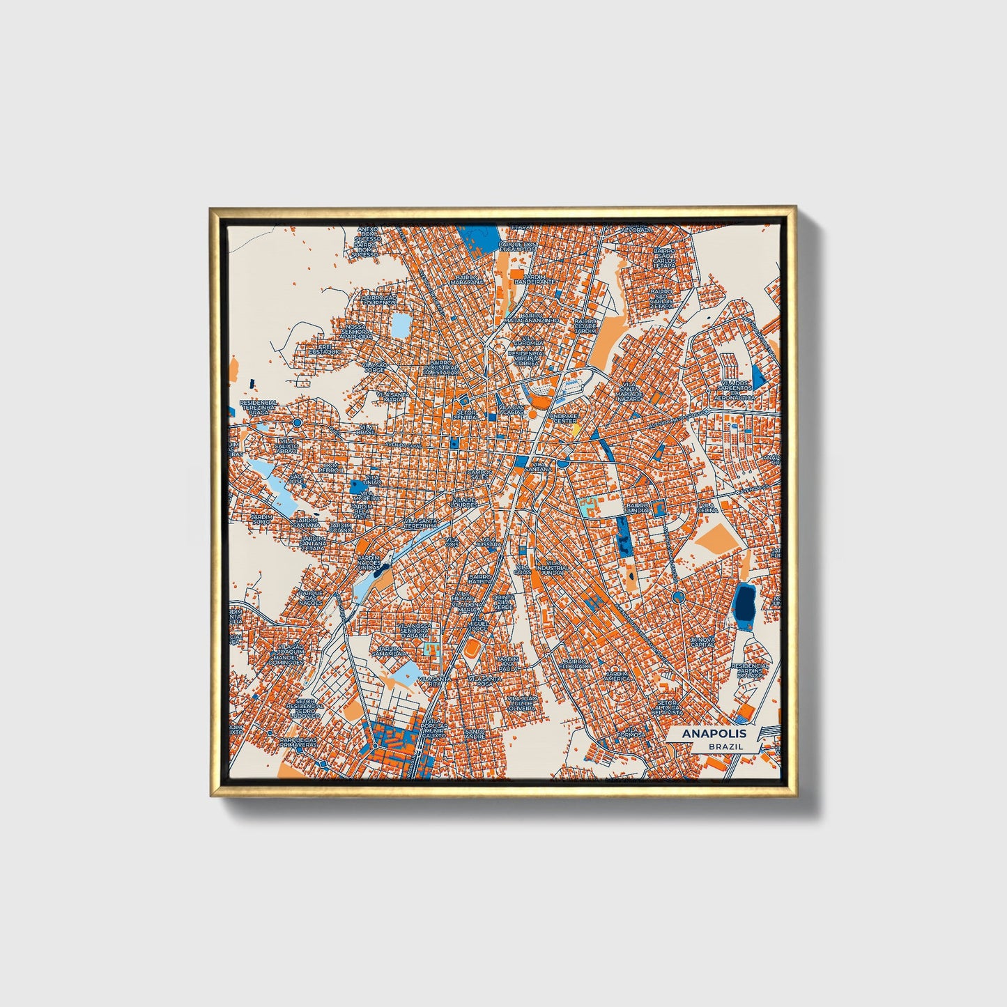 Anapolis Brazil Colorful City Map Canvas Print • Gold Framed