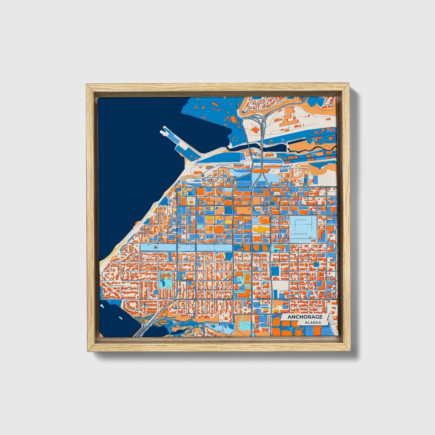 Anchorage Alaska Colorful City Map Canvas Print • Natural Wooden Framed