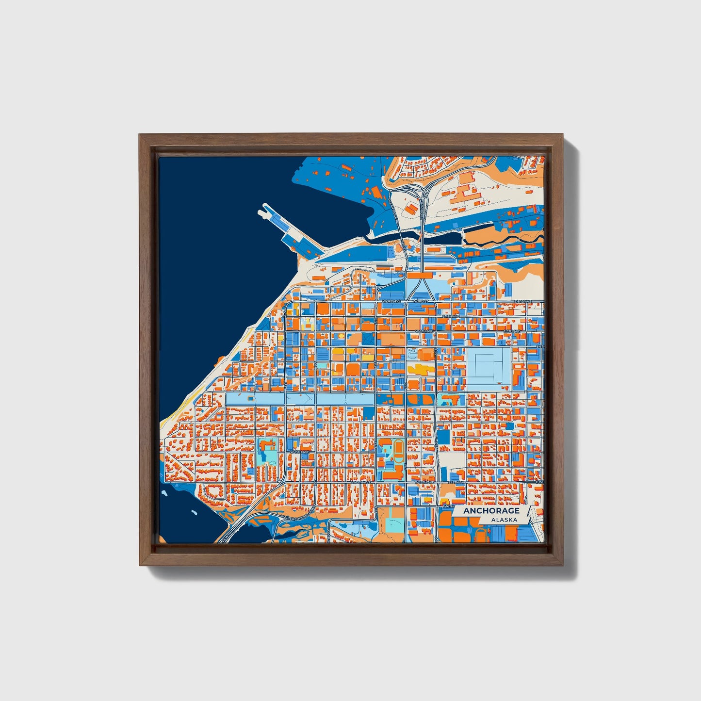 Anchorage Alaska Colorful City Map Canvas Print • Dark Wooden Framed