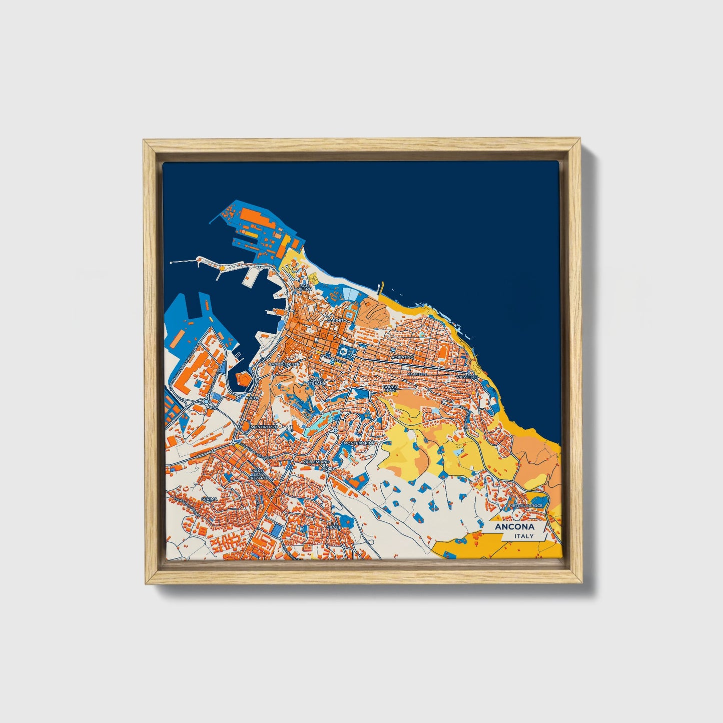 Ancona Italy Colorful City Map Canvas Print • Natural Wooden Framed