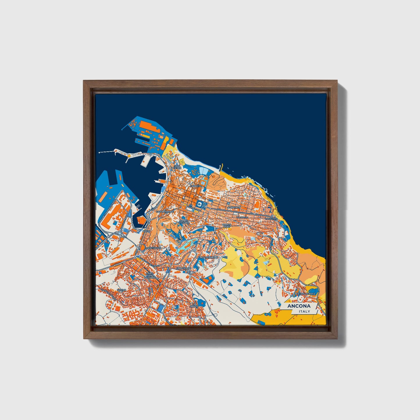 Ancona Italy Colorful City Map Canvas Print • Dark Wooden Framed