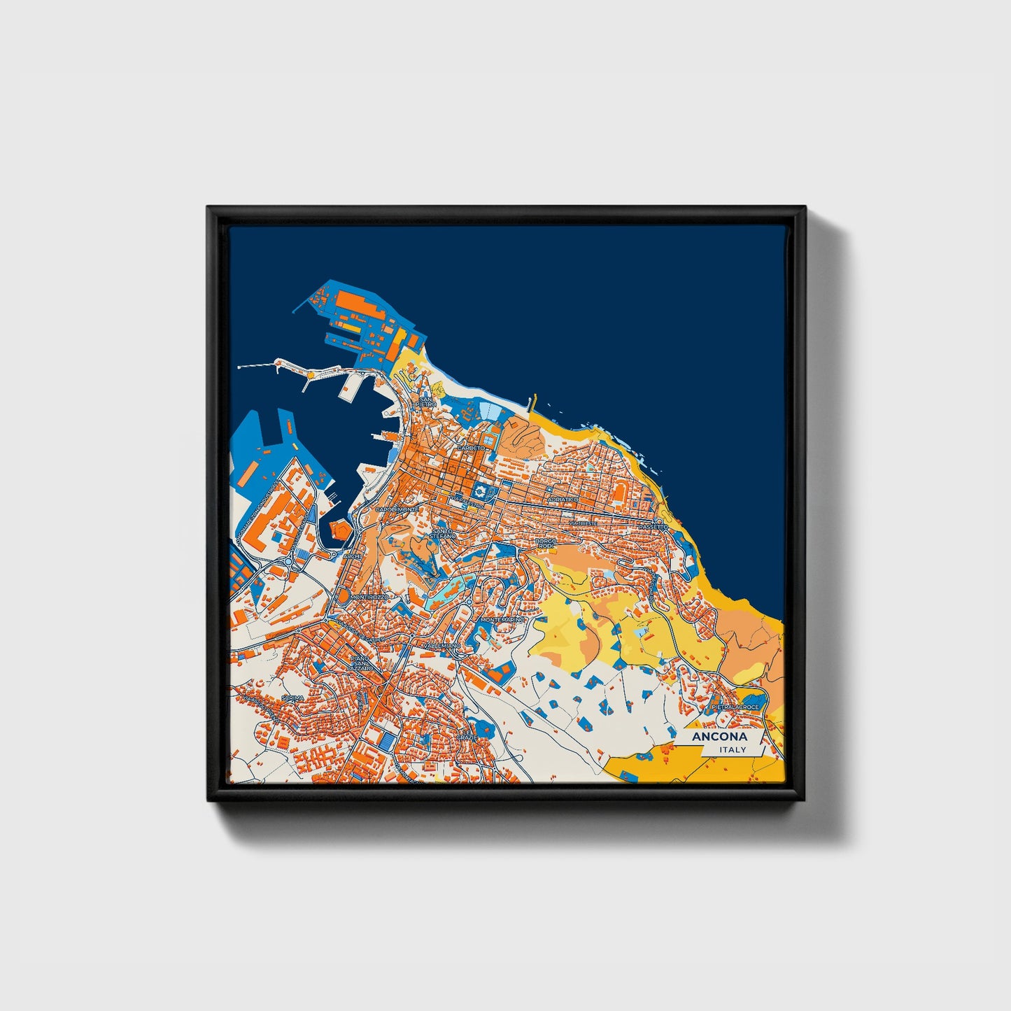 Ancona Italy Colorful City Map Canvas Print • Black Framed