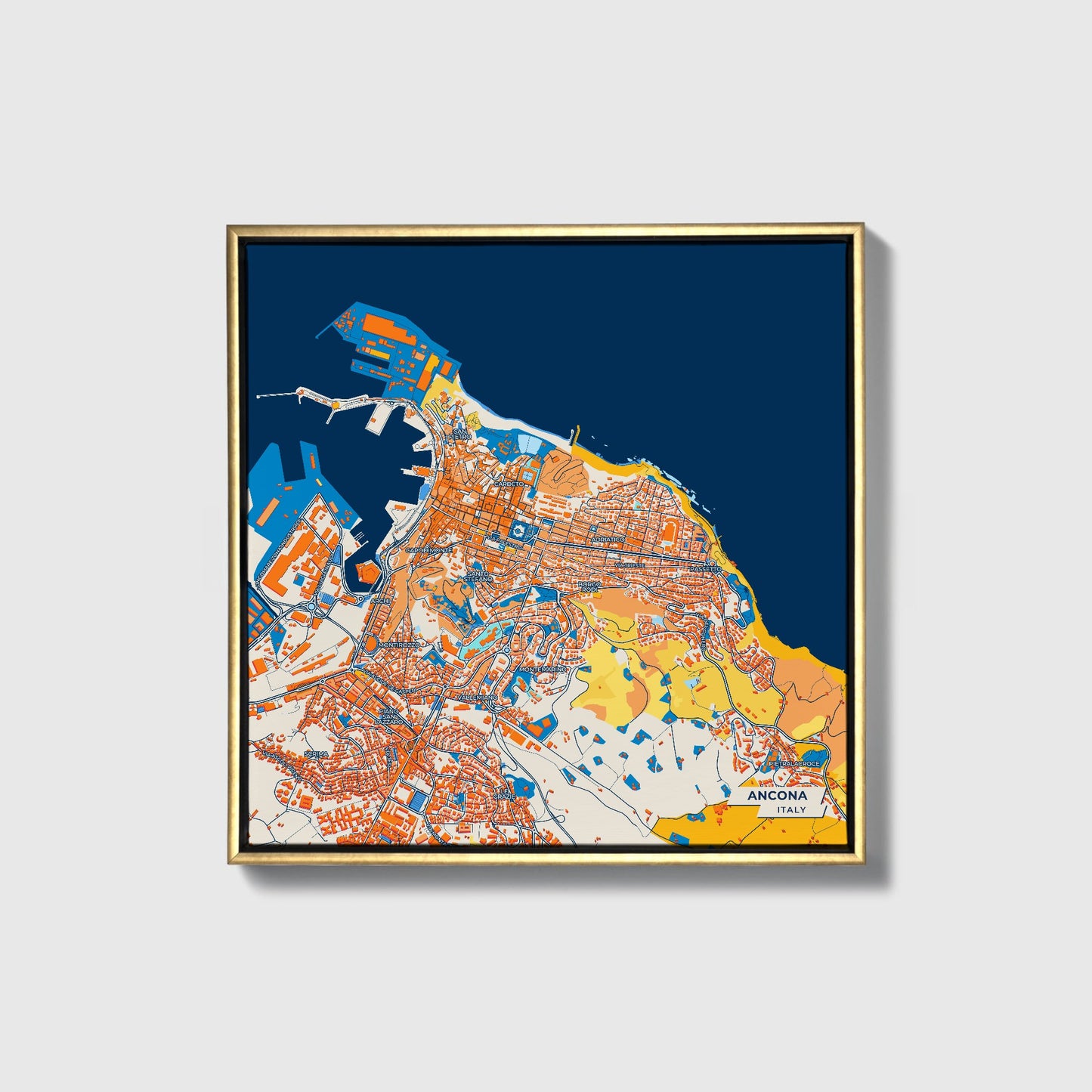 Ancona Italy Colorful City Map Canvas Print • Gold Framed