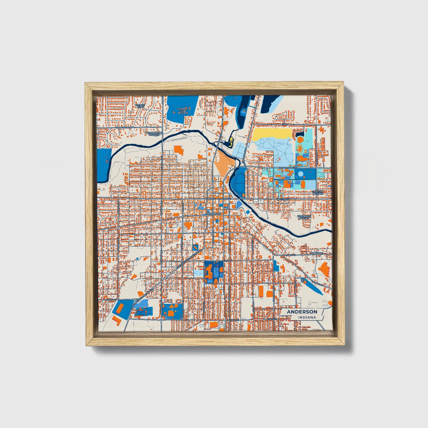 Anderson Indiana Colorful City Map Canvas Print • Natural Wooden Framed