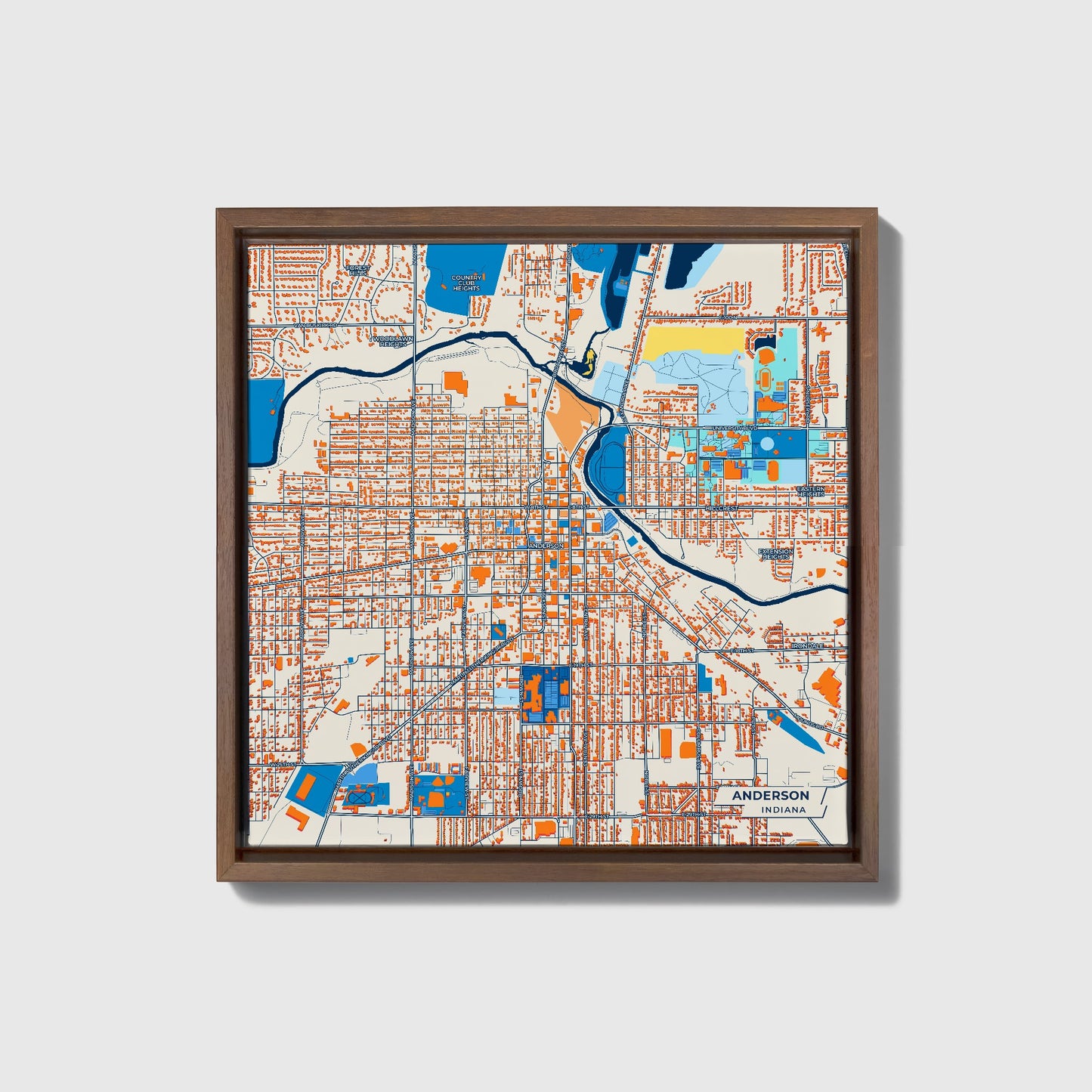 Anderson Indiana Colorful City Map Canvas Print • Dark Wooden Framed
