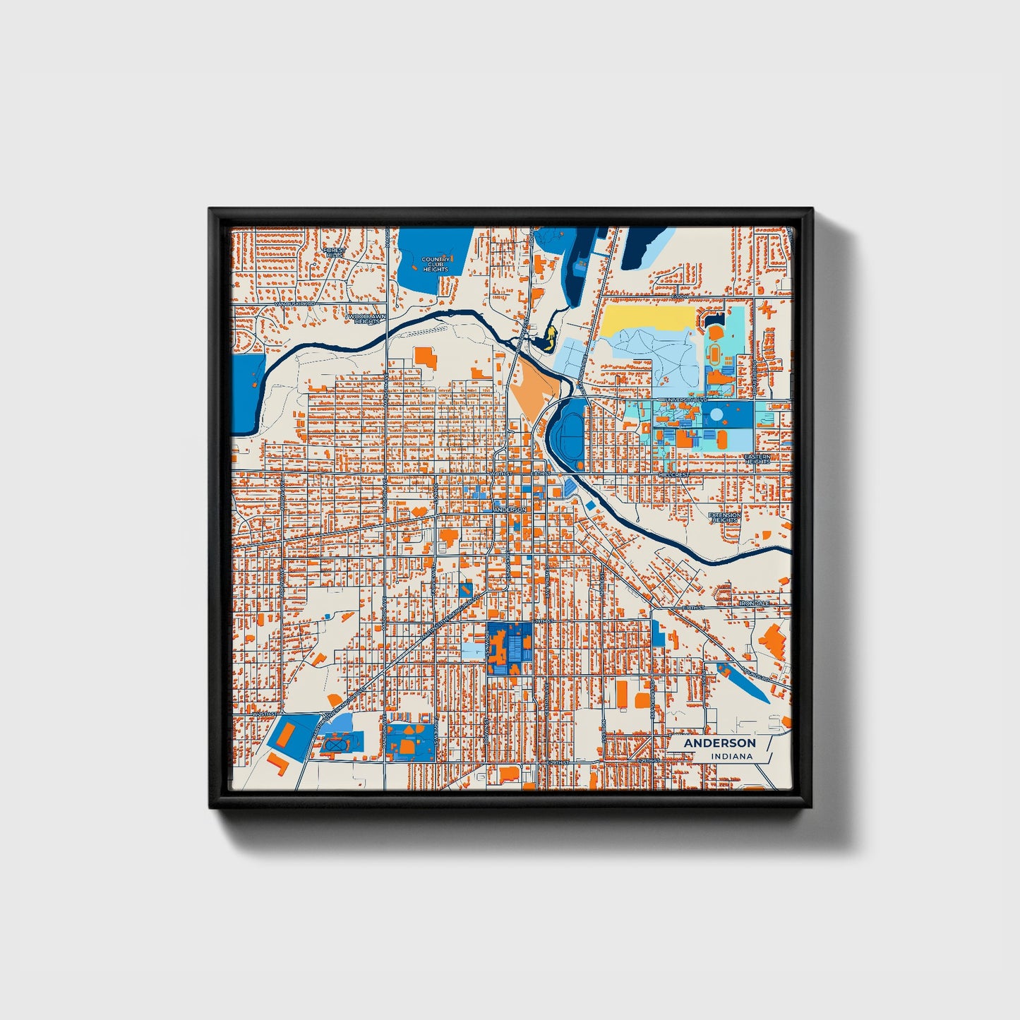 Anderson Indiana Colorful City Map Canvas Print • Black Framed