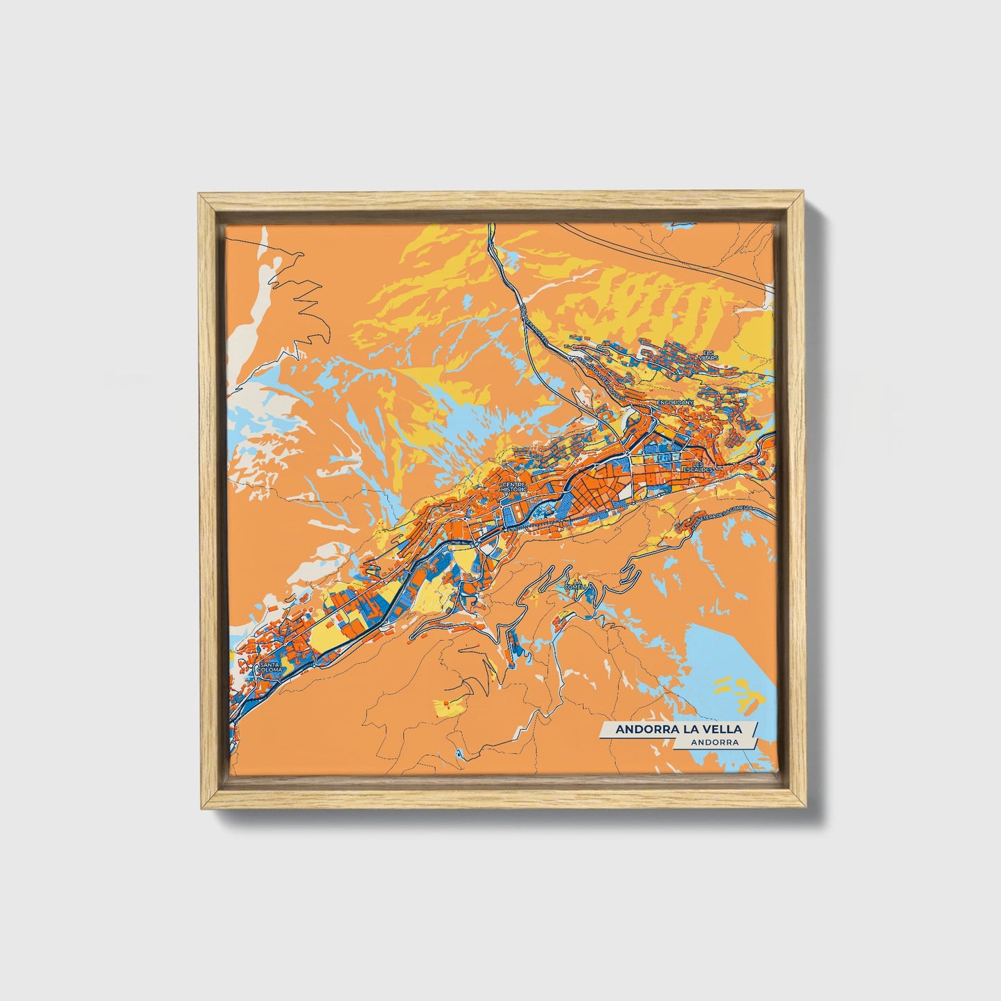 Andorra La Vella Andorra Colorful City Map Canvas Print • Natural Wooden Framed