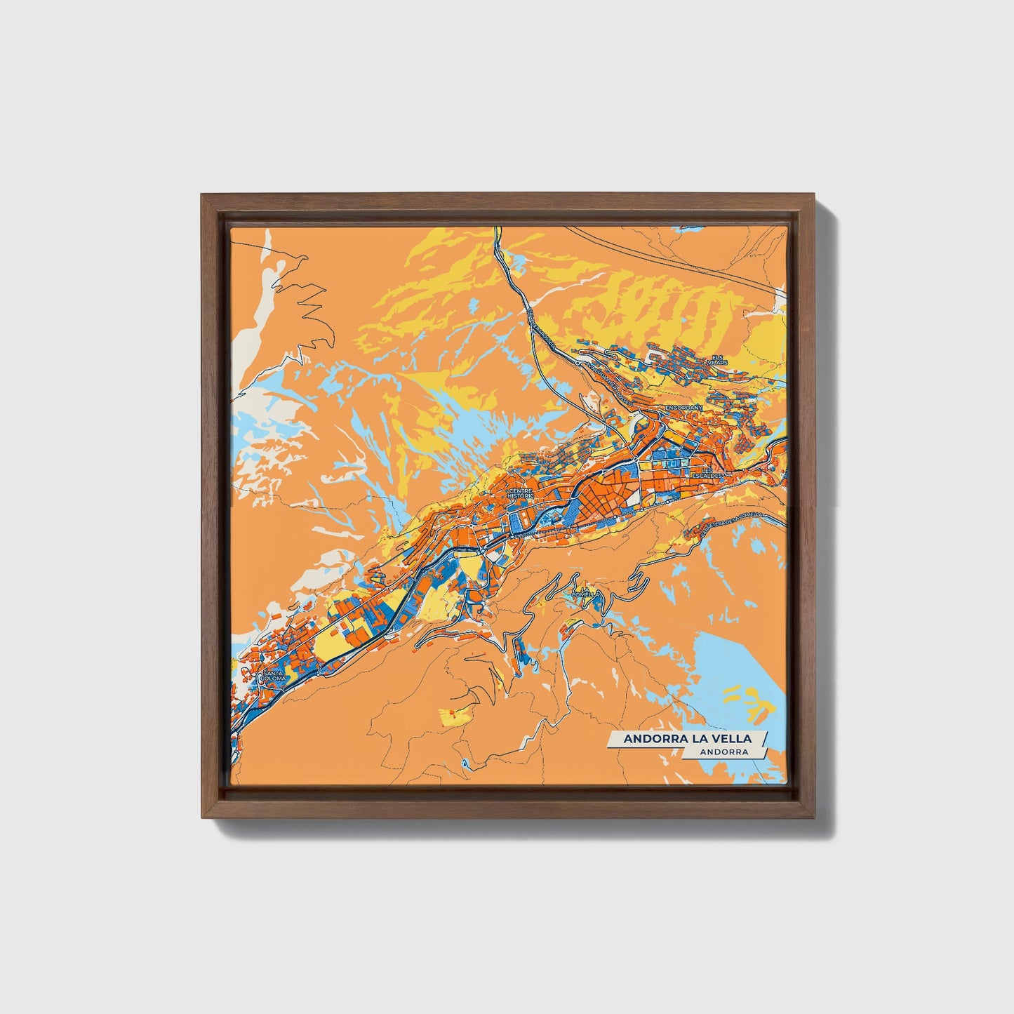 Andorra La Vella Andorra Colorful City Map Canvas Print • Dark Wooden Framed