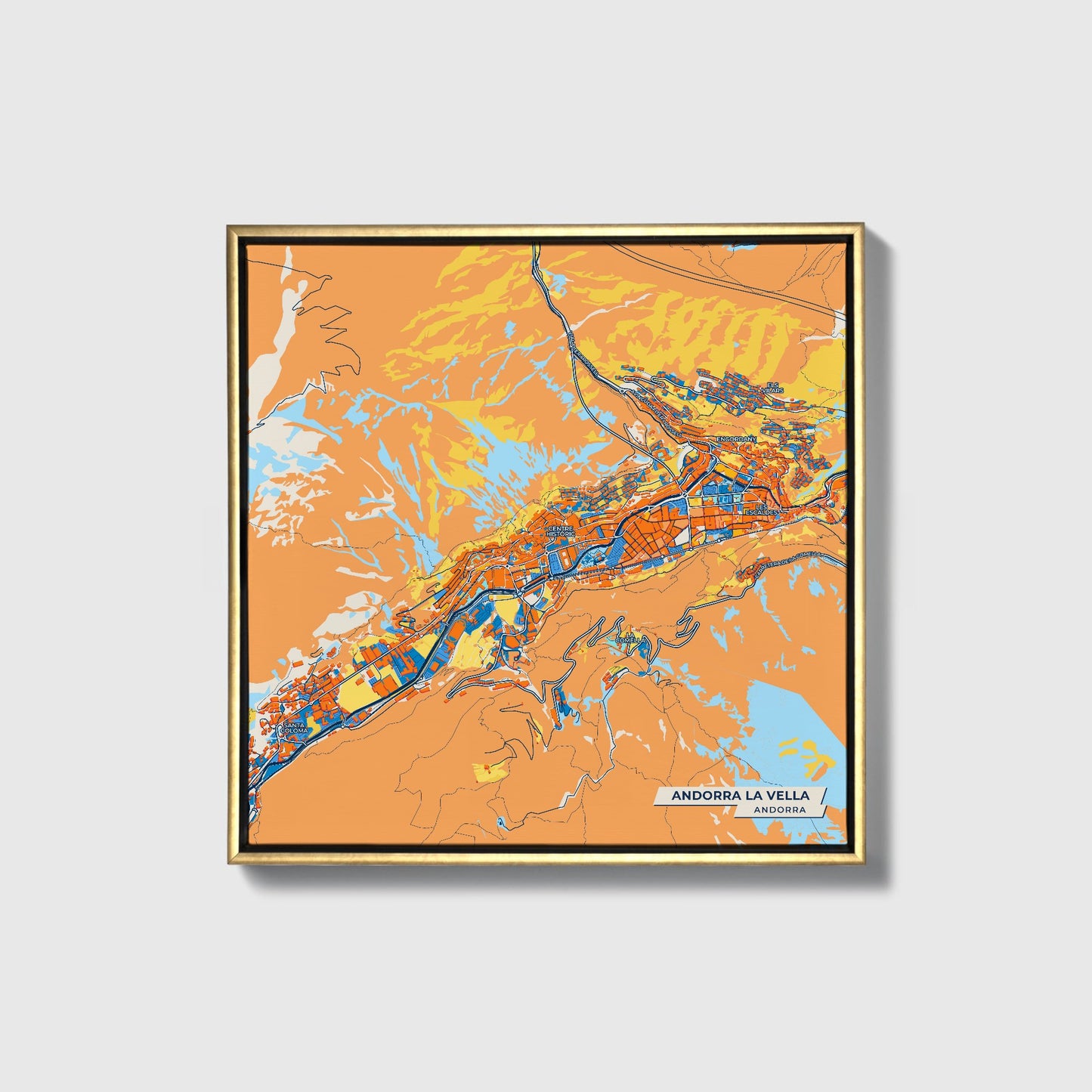 Andorra La Vella Andorra Colorful City Map Canvas Print • Gold Framed