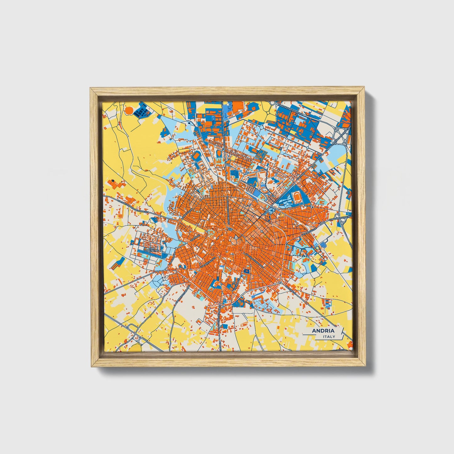 Andria Italy Colorful City Map Canvas Print • Natural Wooden Framed
