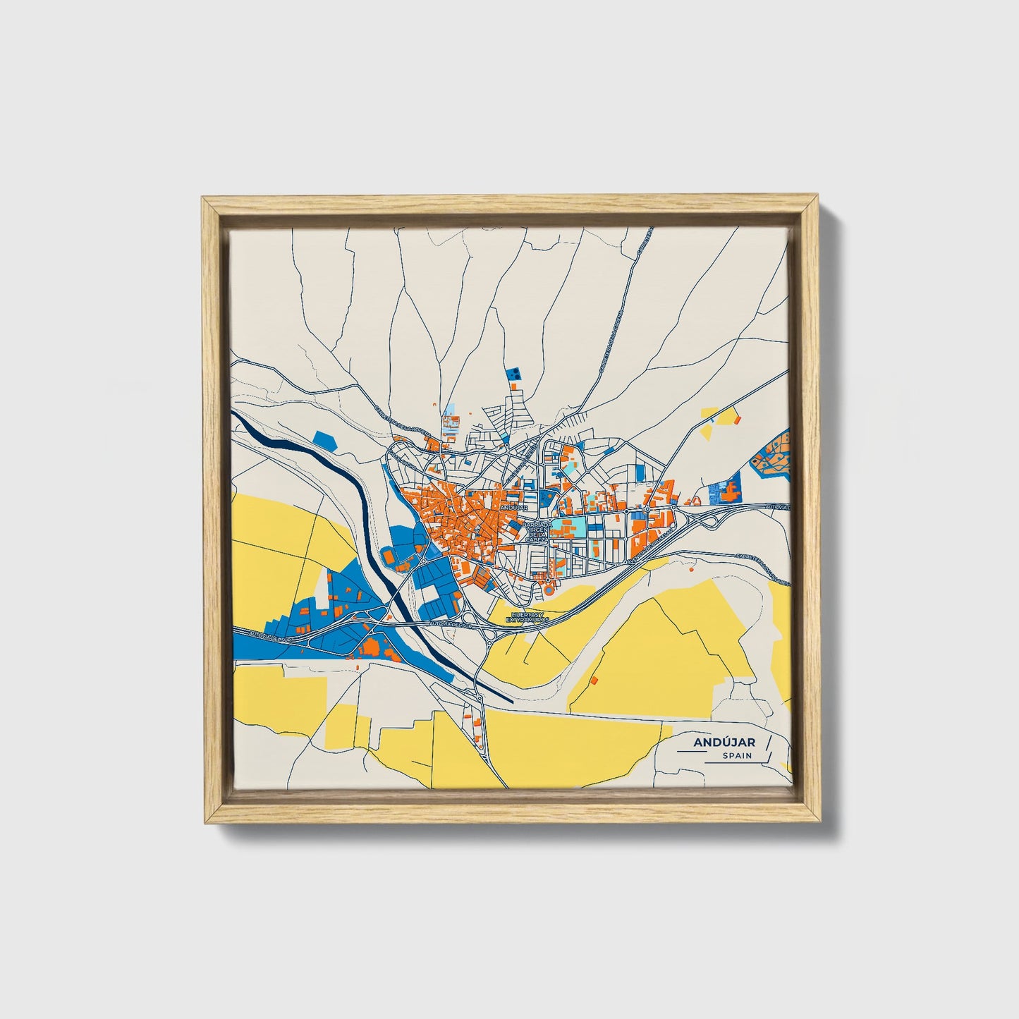 Andújar Spain Colorful City Map Canvas Print • Natural Wooden Framed