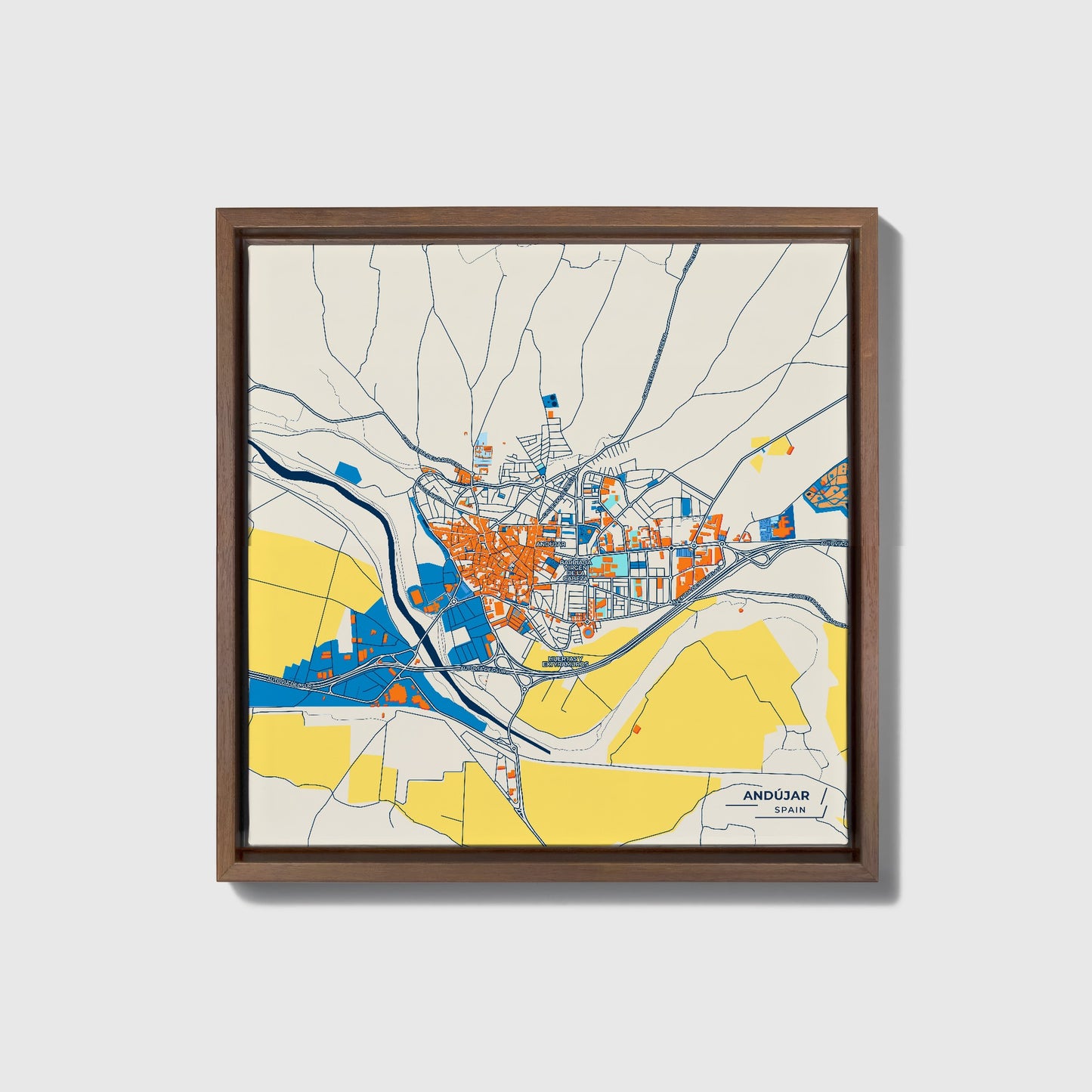 Andújar Spain Colorful City Map Canvas Print • Dark Wooden Framed