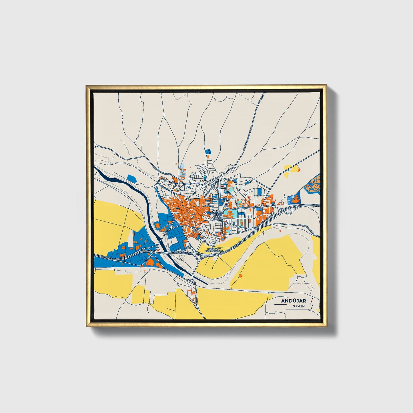 Andújar Spain Colorful City Map Canvas Print • Gold Framed