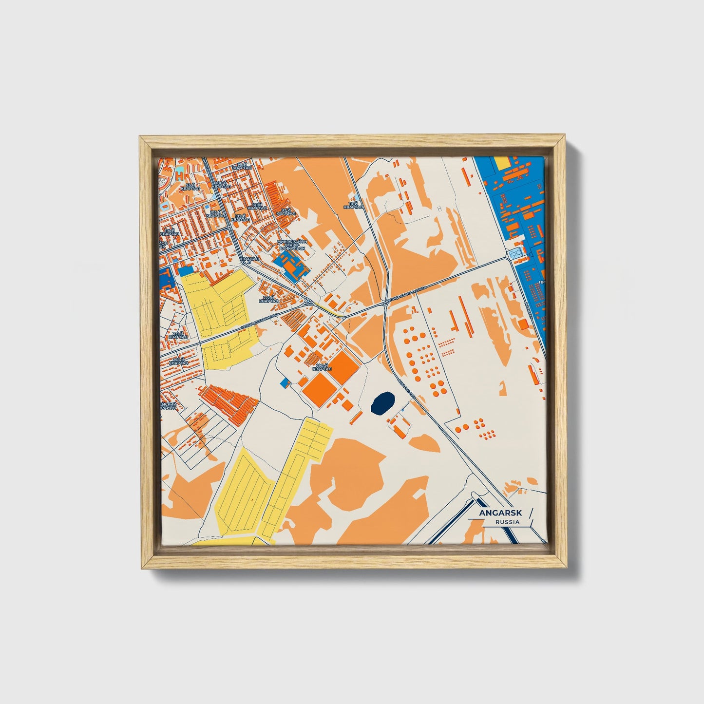 Ангарский Russia Colorful City Map Canvas Print • Natural Wooden Framed