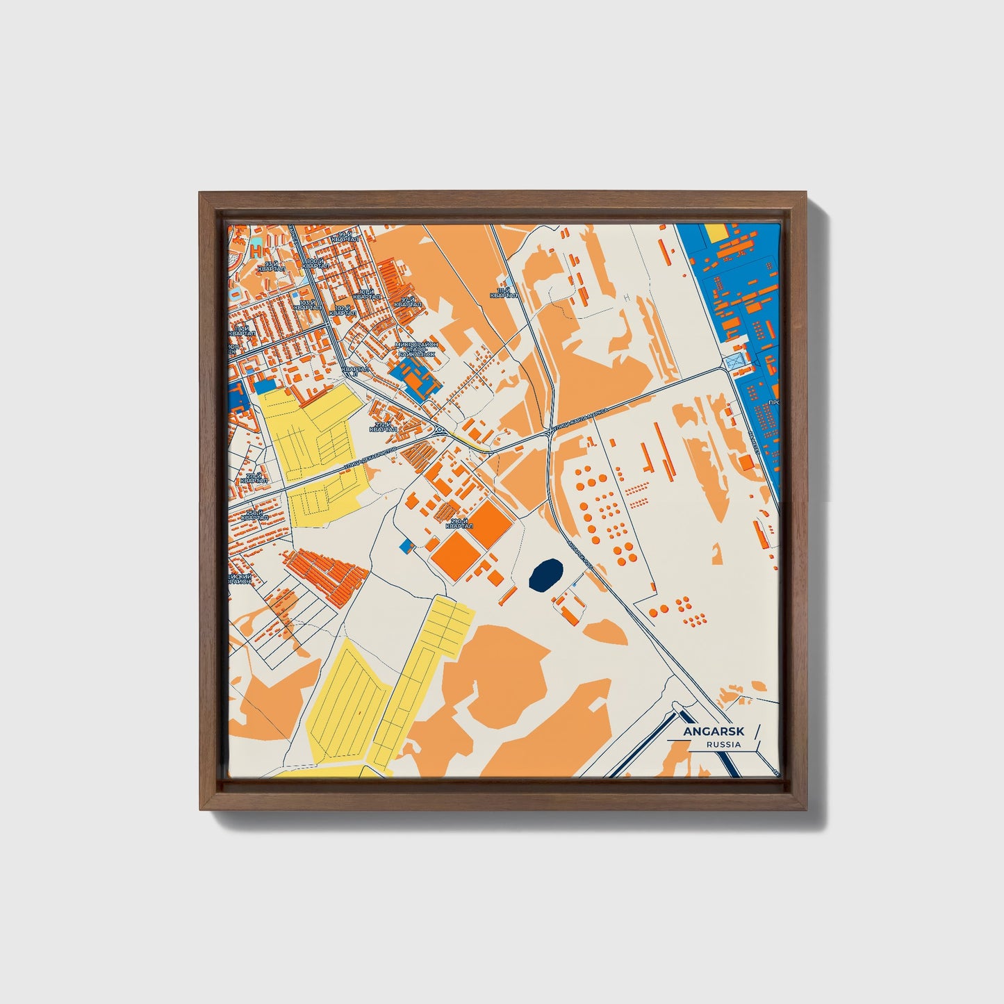 Ангарский Russia Colorful City Map Canvas Print • Dark Wooden Framed