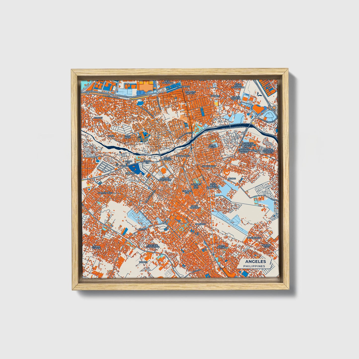 Angeles Philippines Colorful City Map Canvas Print • Natural Wooden Framed