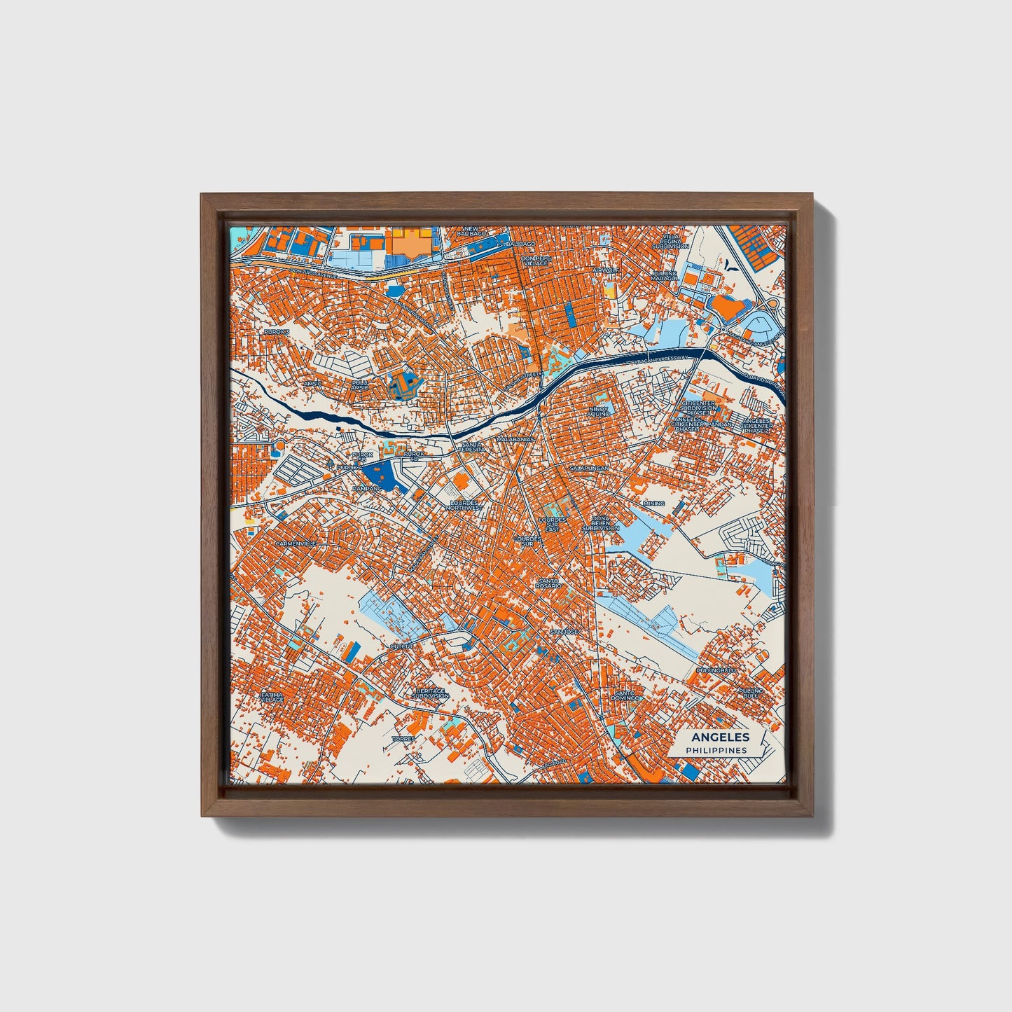 Angeles Philippines Colorful City Map Canvas Print • Dark Wooden Framed