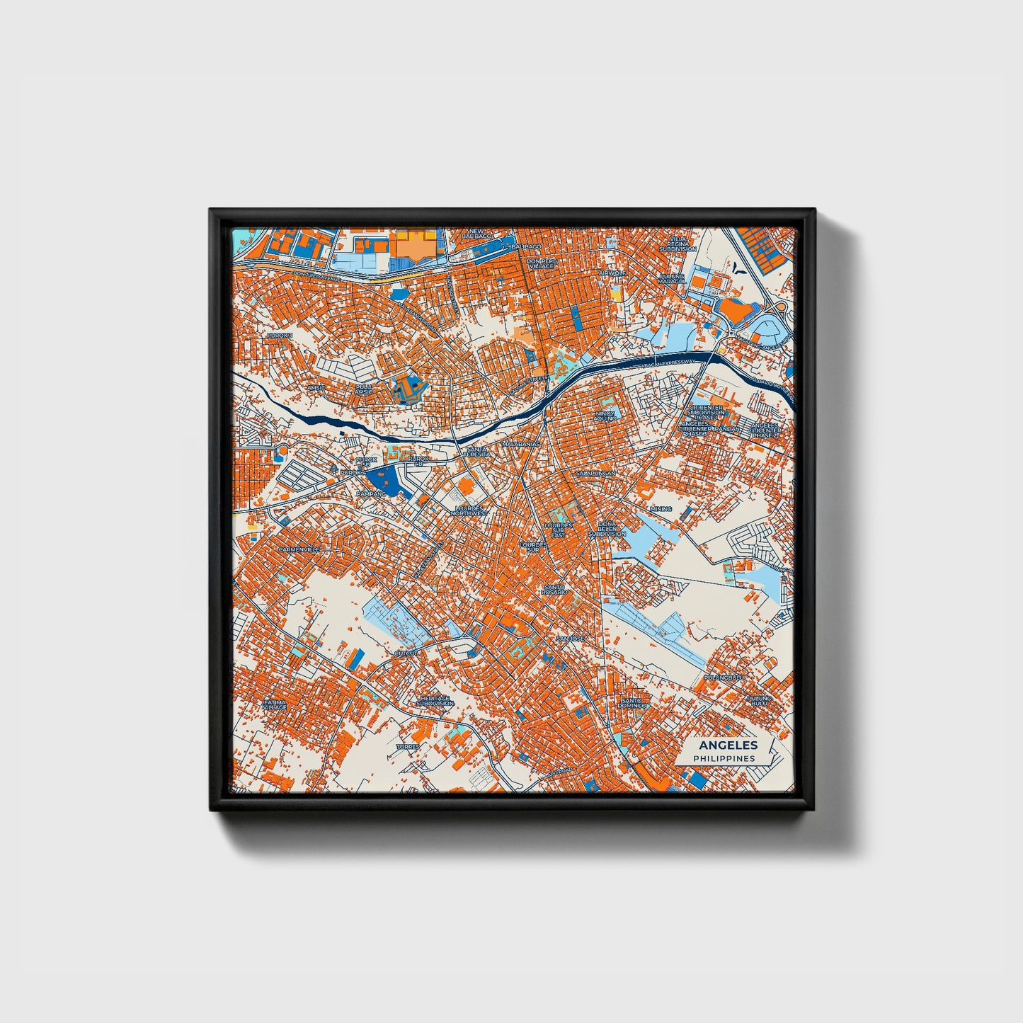 Angeles Philippines Colorful City Map Canvas Print • Black Framed