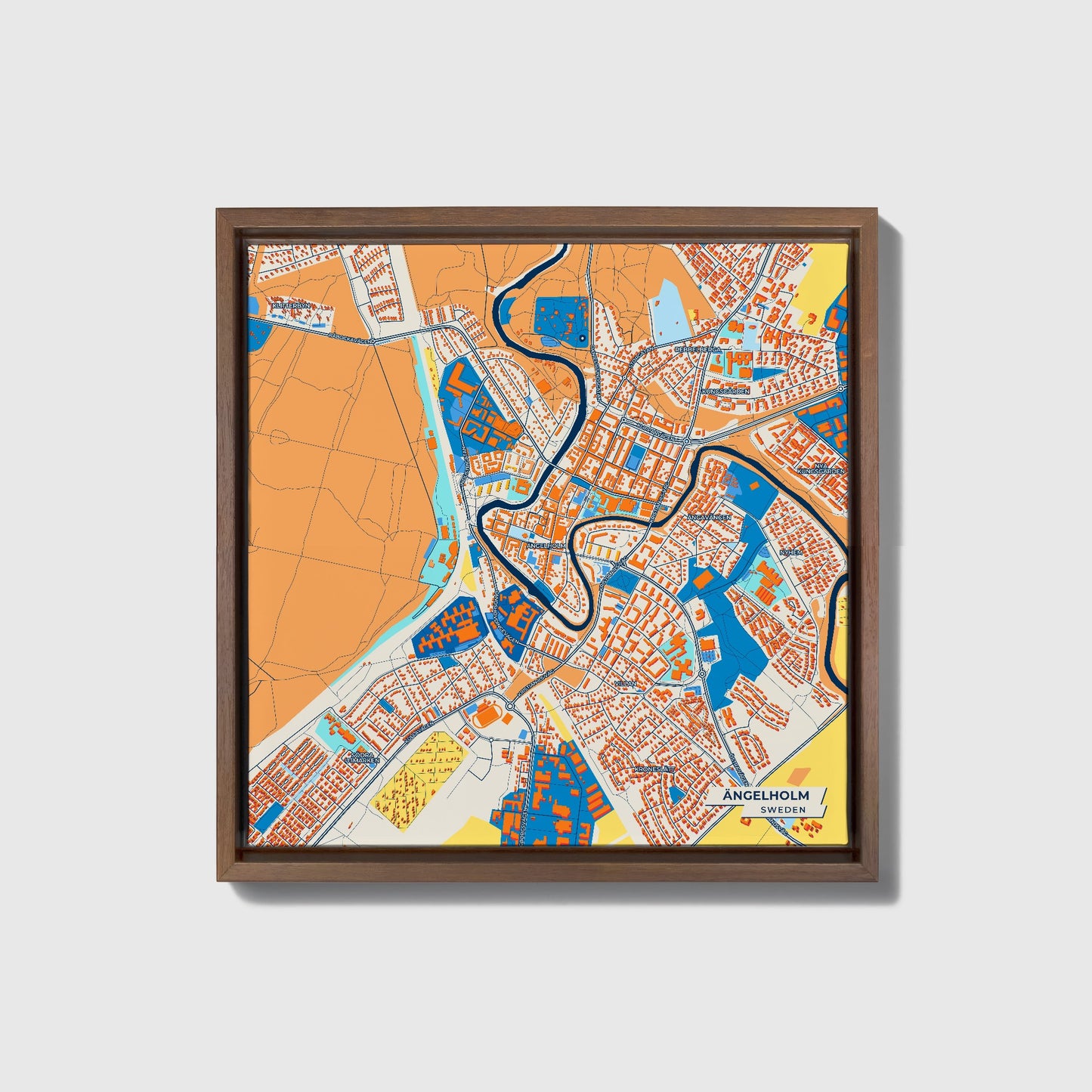 Ängelholm Sweden Colorful City Map Canvas Print • Dark Wooden Framed