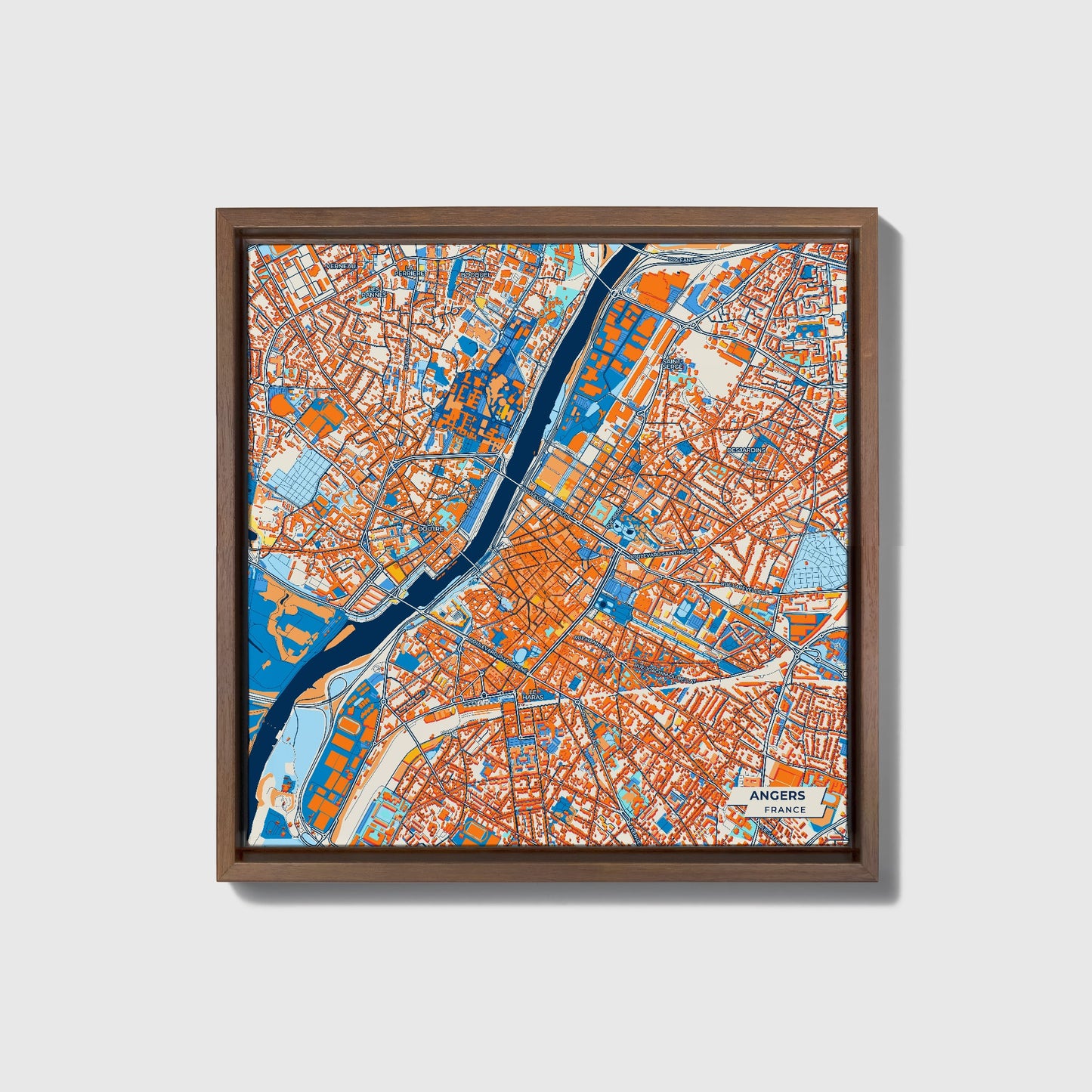 Angers France Colorful City Map Canvas Print • Dark Wooden Framed