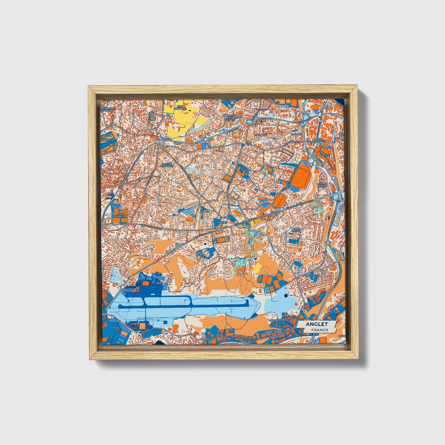 Anglet France Colorful City Map Canvas Print • Natural Wooden Framed